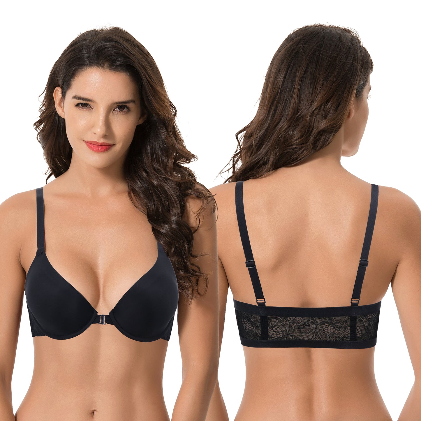 Women's Plus Size Full Coverage Underwire Front Close Bras-2PK-BLACK,RED