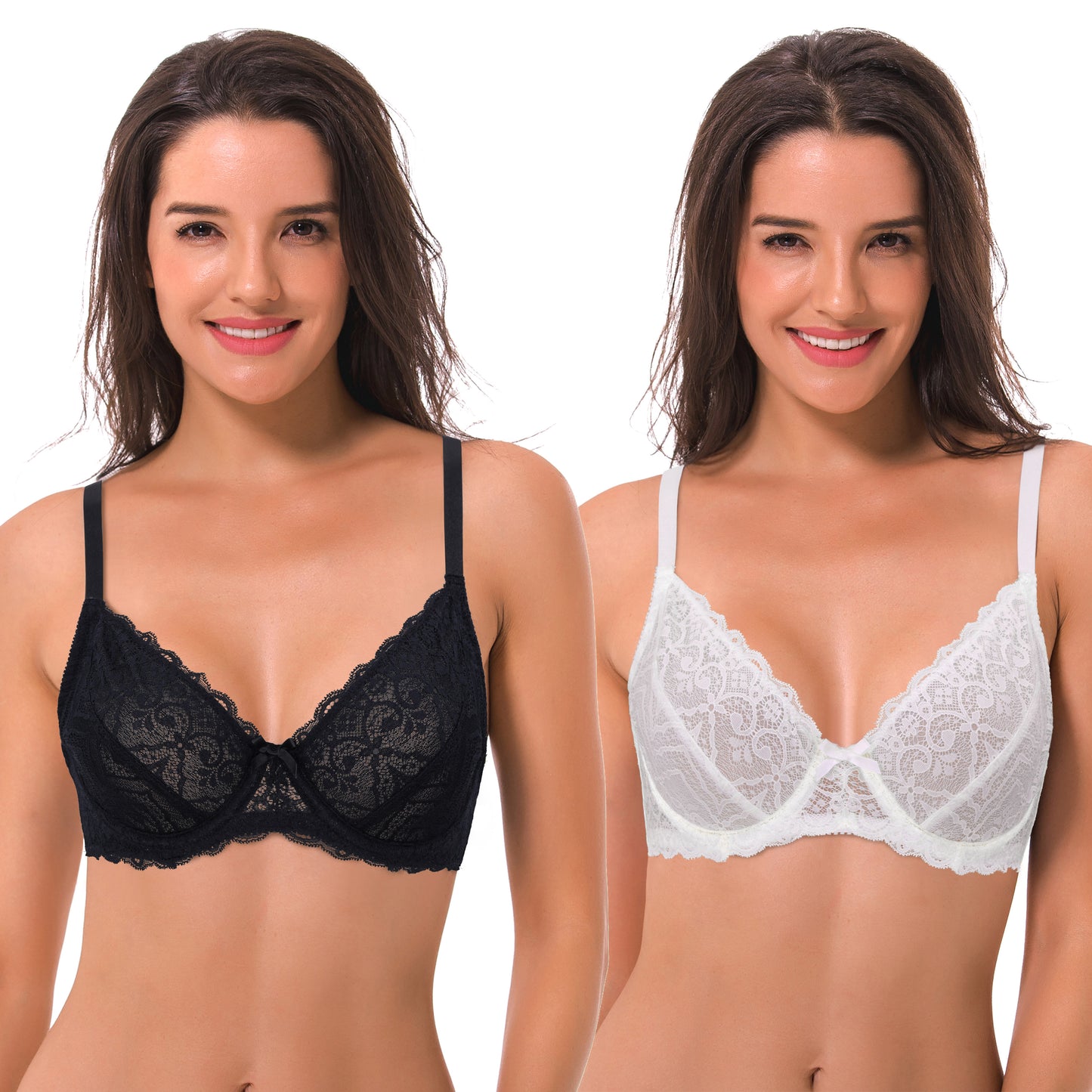 Semi-Sheer Balconette Underwire Lace Bra and Scalloped Hems (2 Pack)-White,Black