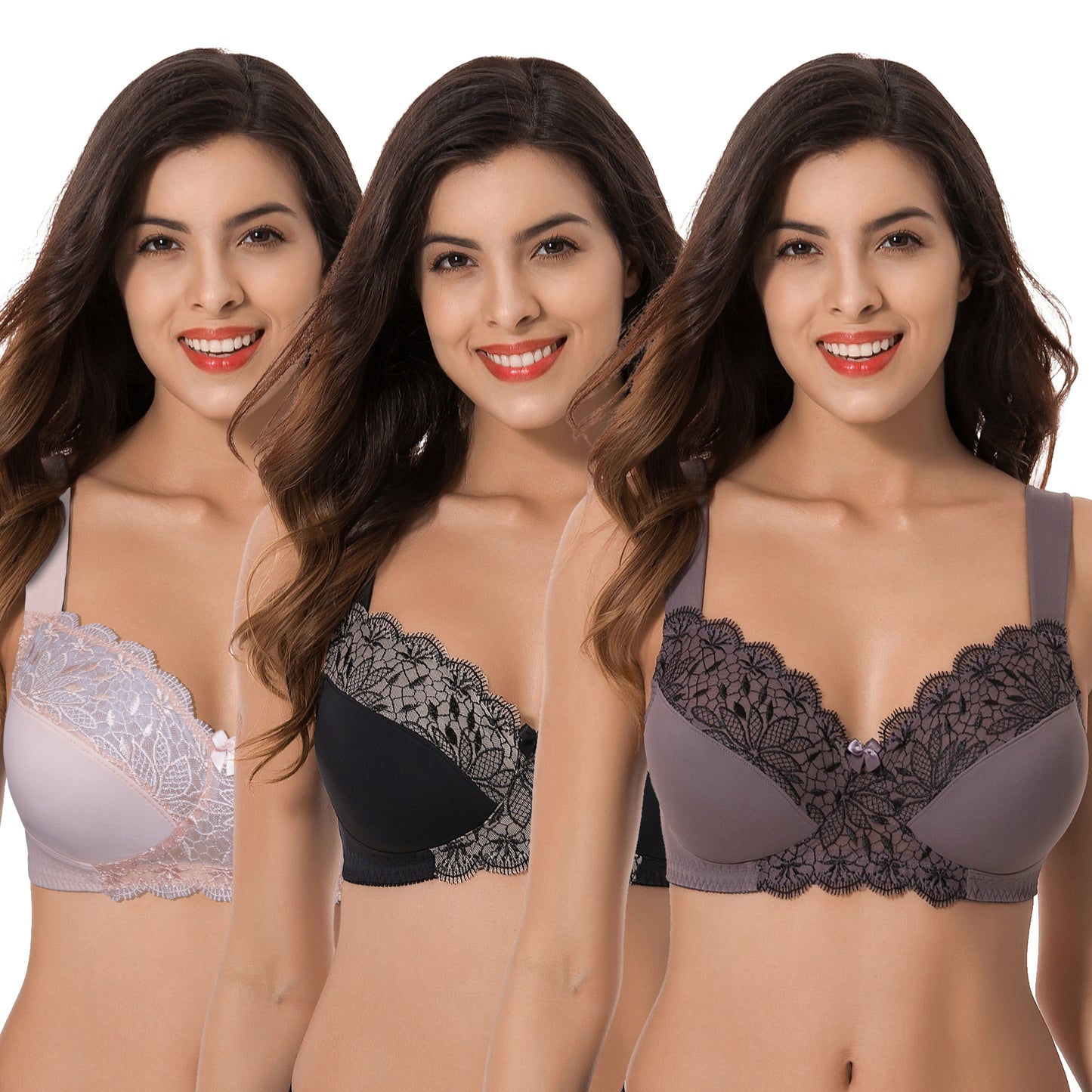 Plus Size Unlined Minimizer Wirefree Bras with Embroidery Lace-3Pack