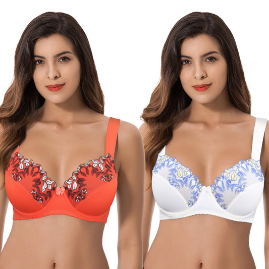 Women Plus Size Minimizer Underwire Unlined Bra with Embroidery Lace