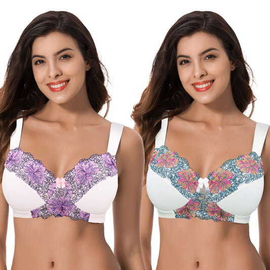 Women's Plus Size Minimizer Wirefree Unlined Bra with Embroidery Lace