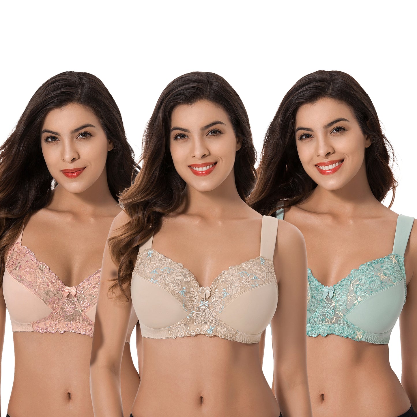 Plus Size Minimizer Unlined Wireless Bra with Lace Embroidery-3Pack-SAGE,NUDE,BLUSH