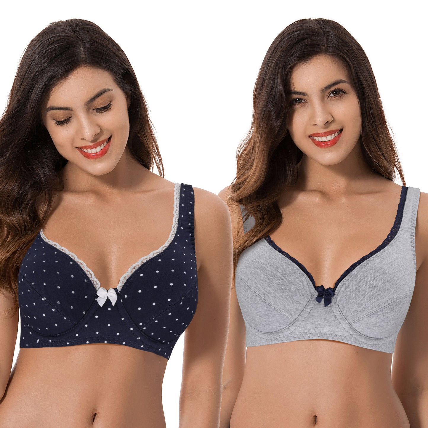 Women's Unlined Plus Size Comfort Cotton Underwire Bra-Navy/White,Grey