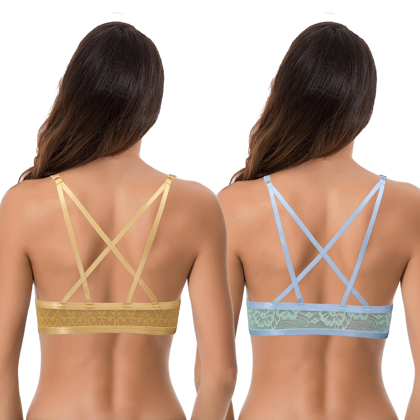 Womens Push Up Add 1 and a half Cup Underwire Halter Front Close Bras -2PK-Yellow,Mint