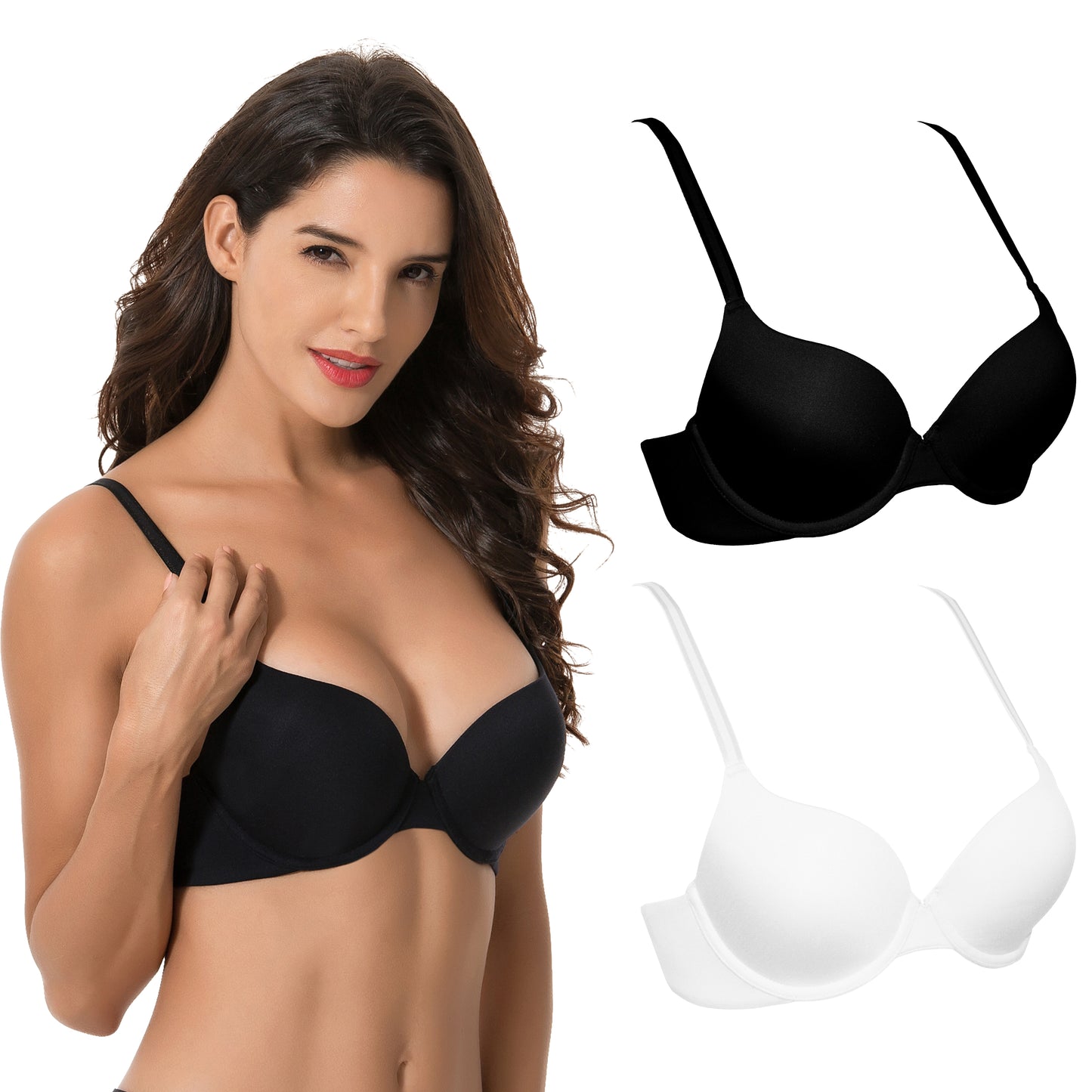 Women's Light Lift Add 1 Cup Push Up Underwire Convertible Tshirt Bra-2PK-BLACK,WHITE