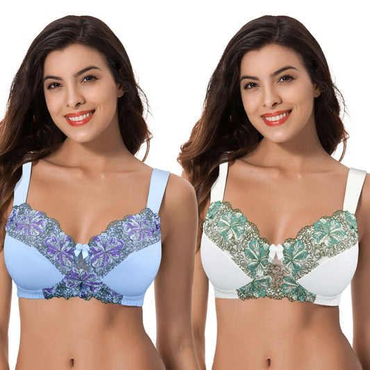Women's Plus Size Minimizer Wirefree Unlined Bra with Embroidery Lace