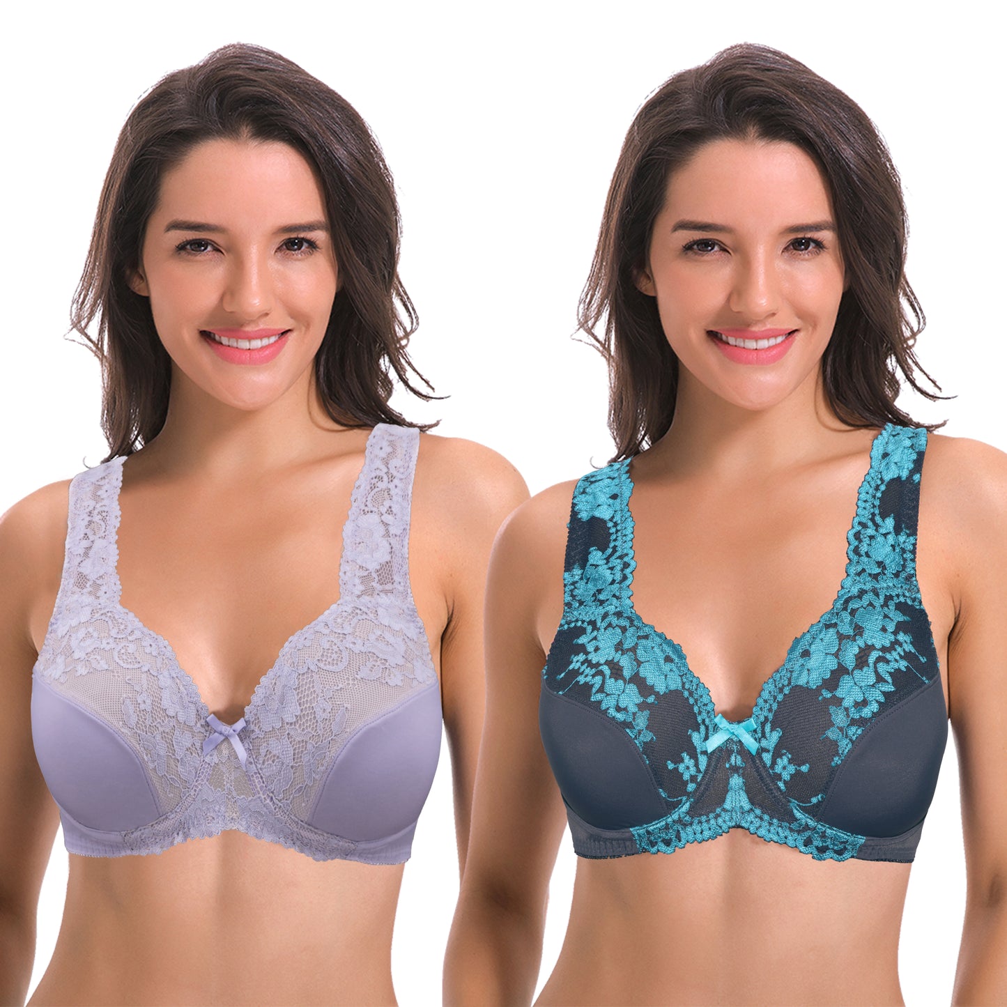 Women's Minimizer Unlined Underwire Bra With Lace Embroidery-2 Pack