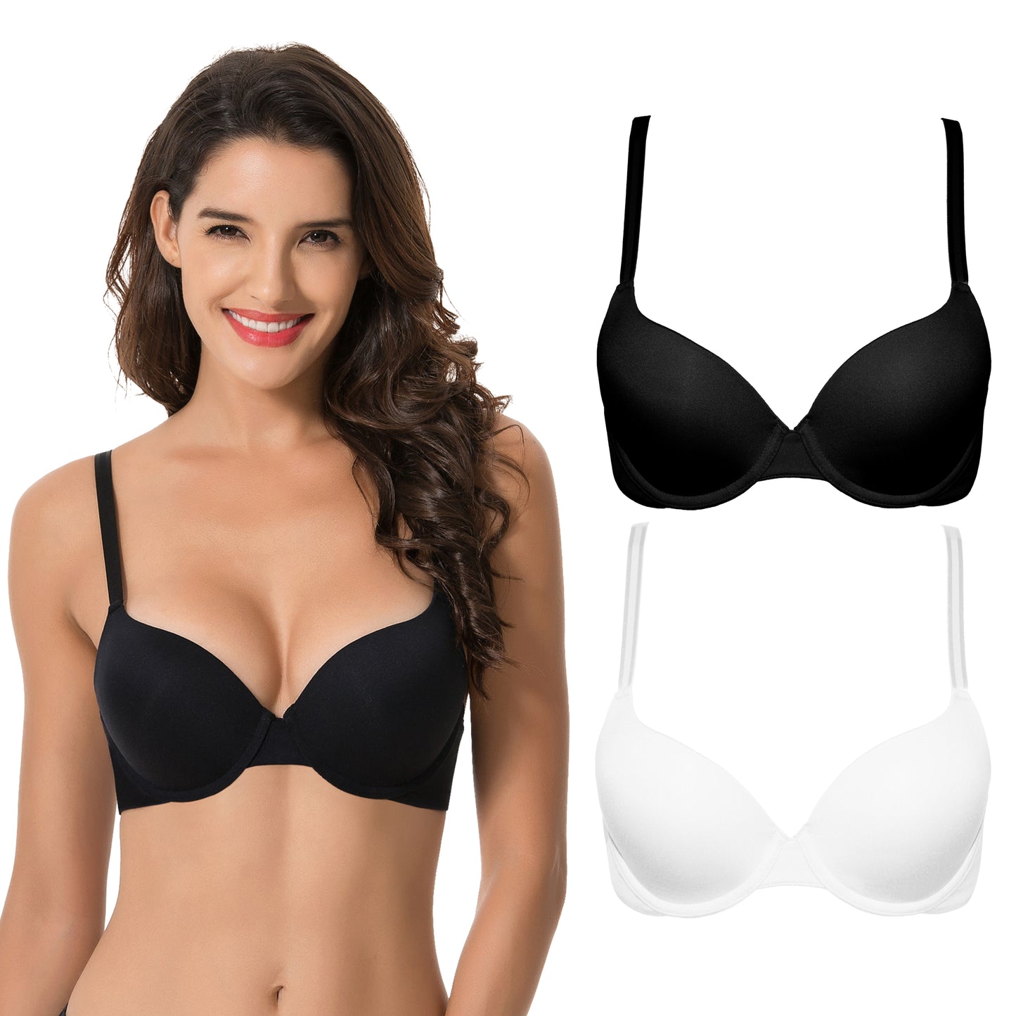 Women's Light Lift Add 1 Cup Push Up Underwire Convertible Tshirt Bra-2PK-BLACK,WHITE