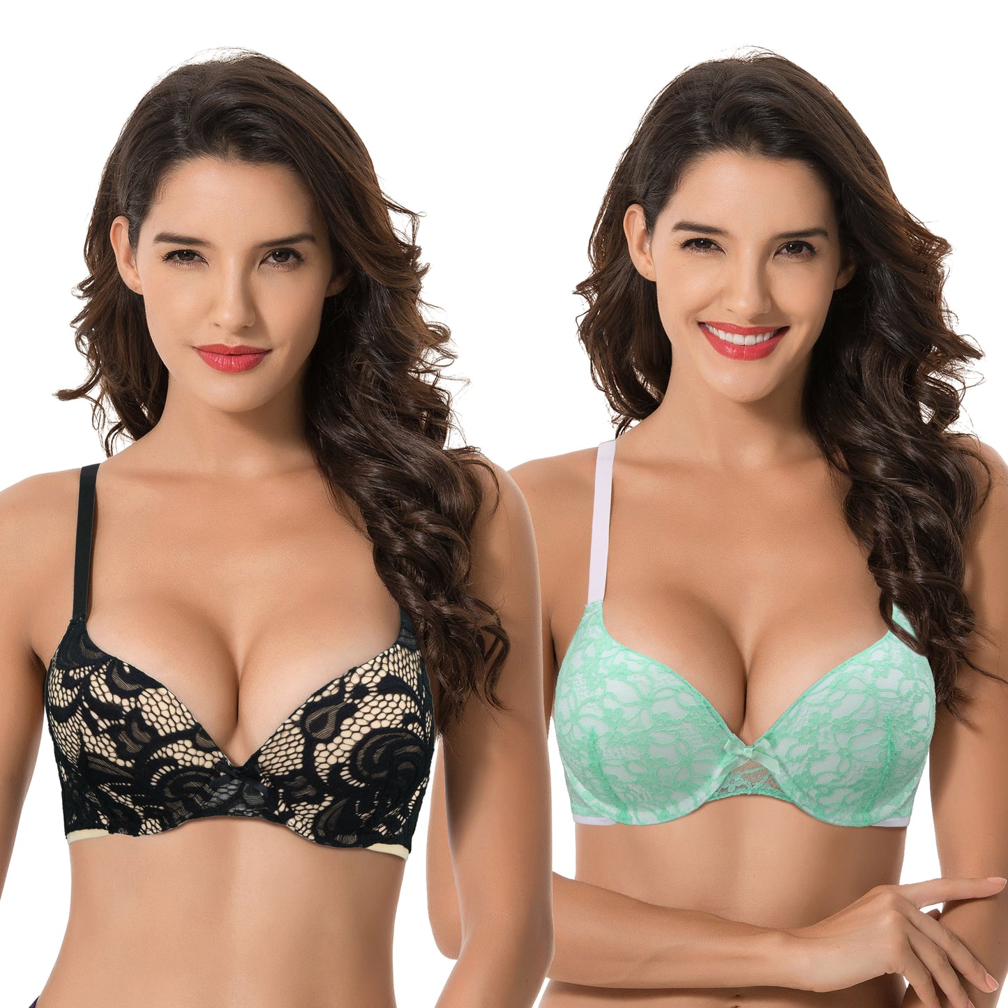 Women's Plus Size Perfect Shape Add 1 Cup Push Up Underwire Lace Bras-2Pk-Mint,Black