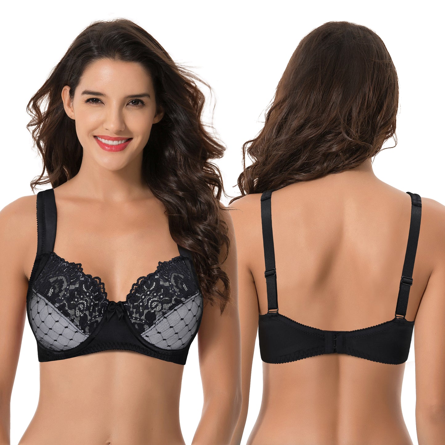 Women's Plus Size Unlined Underwire Lace Bra with Cushion Straps-Black,Mauve