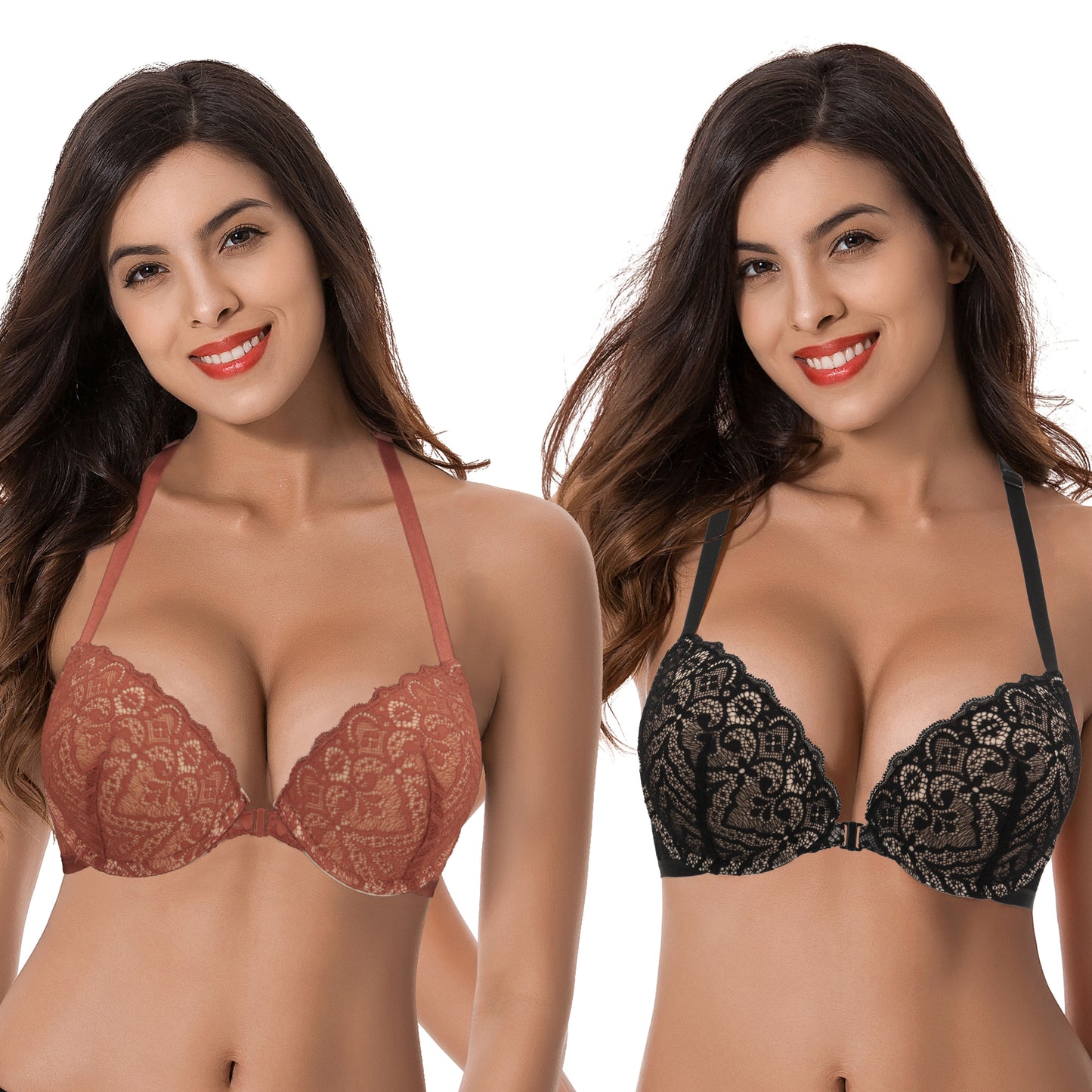 Women's Push Up Add 1 and a half Cup Underwire Halter Front Close Bras-2PK
