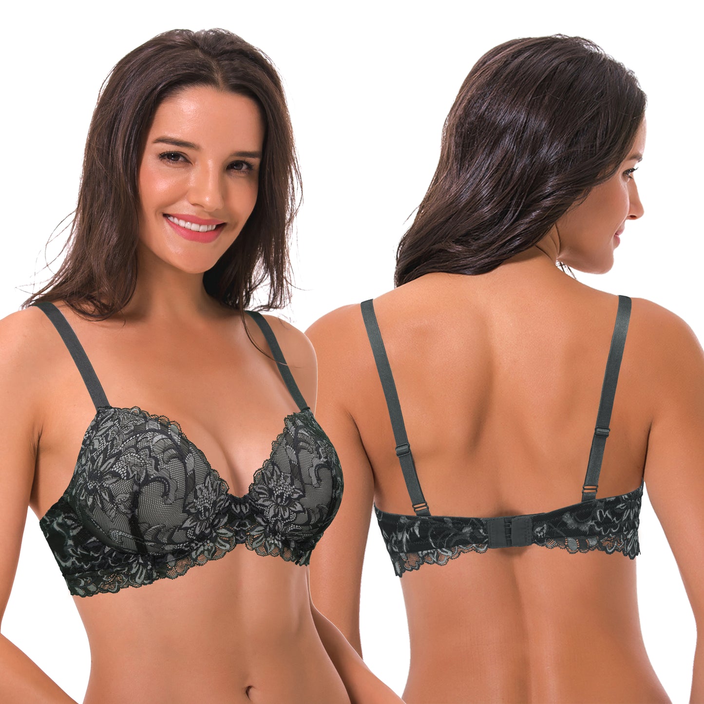 Women's Underwire Plus Size Push Up Add 1 and a Half Cup Lace Bras-2PK-White/Red,Black/Grey