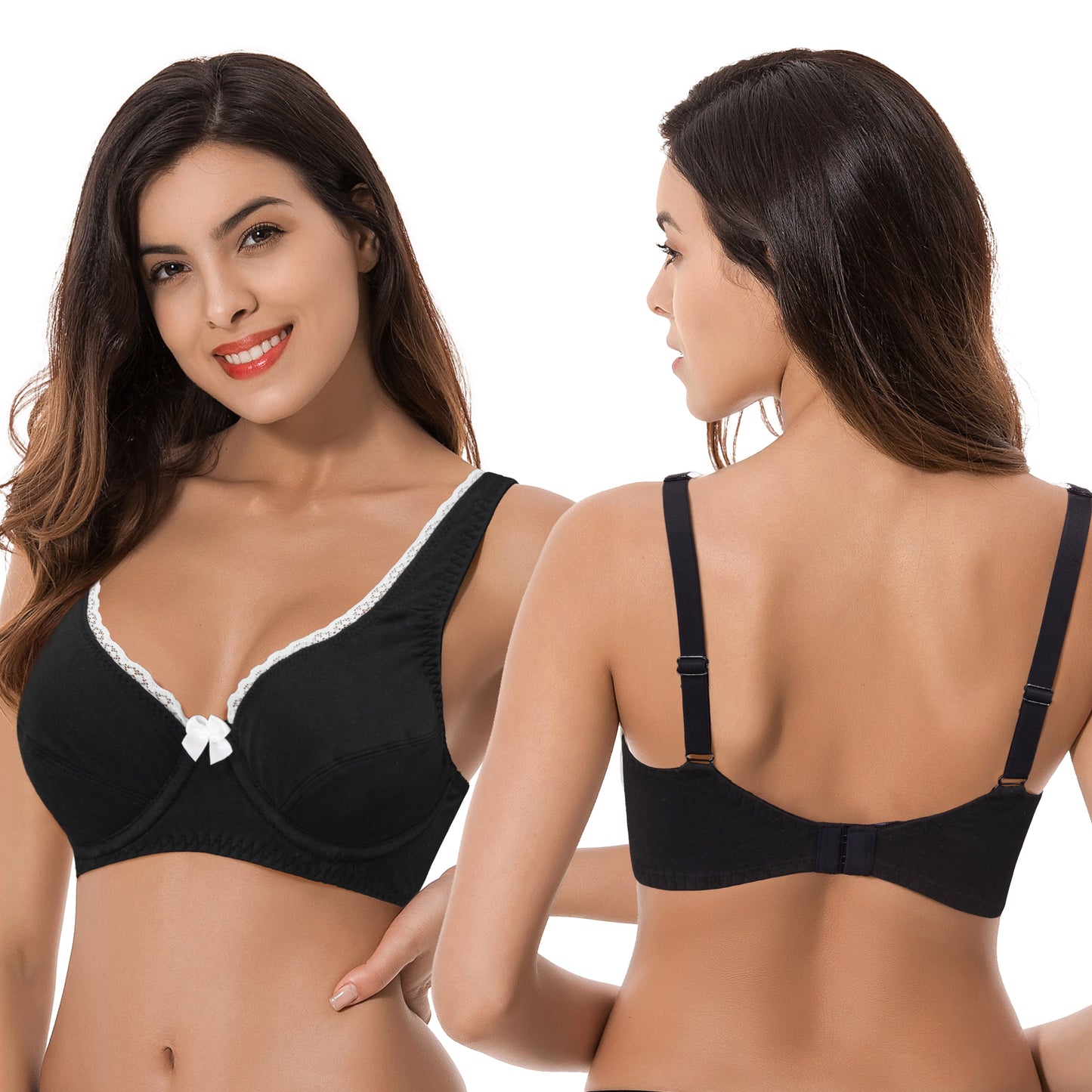 Women's Unlined Plus Size Comfort Cotton Underwire Bra-Black/Cream,Black