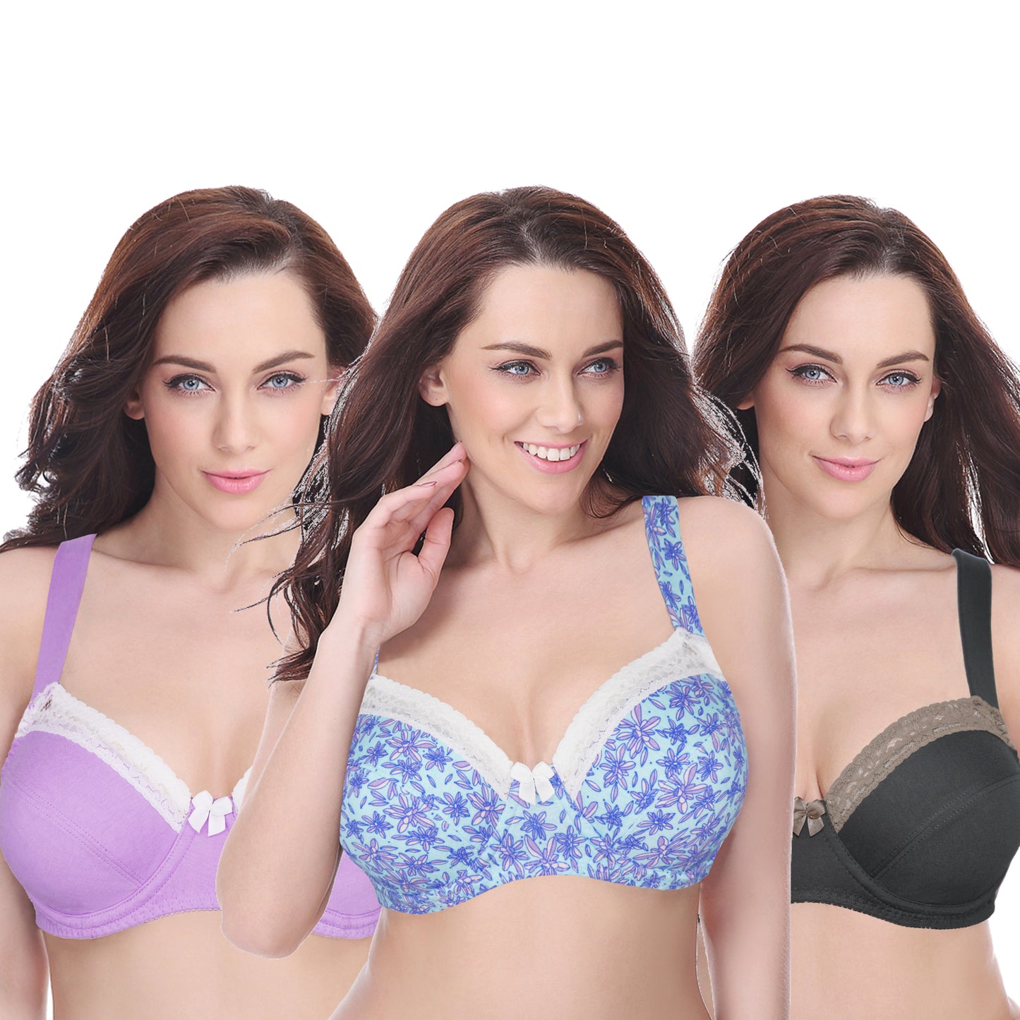 Women's Plus Size Underwired Unlined Balconette Cotton Bra-3Pack