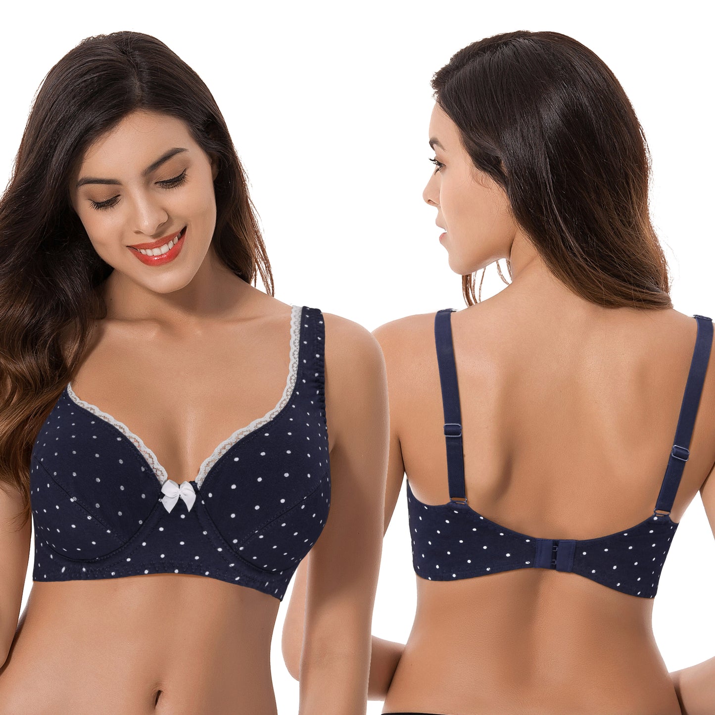 Women's Unlined Plus Size Comfort Cotton Underwire Bra-Navy/White,Grey