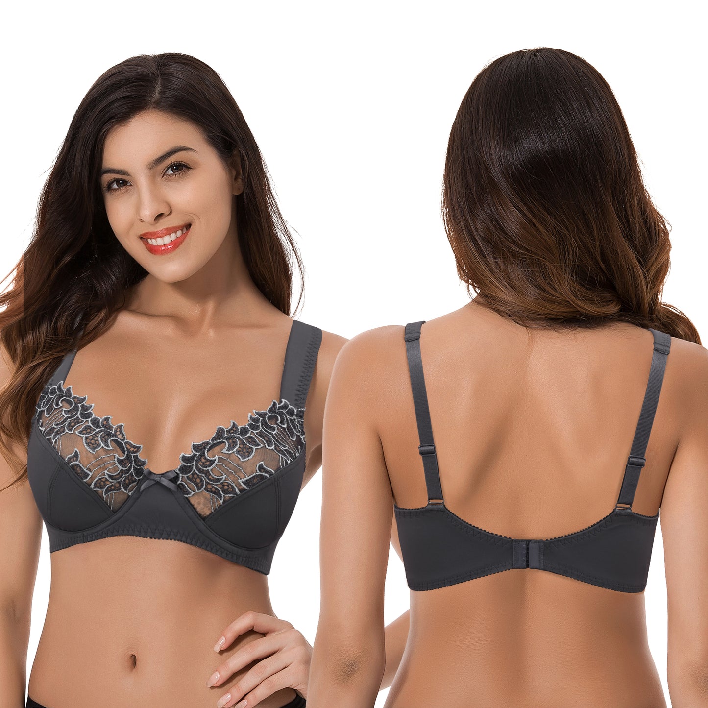 Womens Plus Size Minimizer Underwire Bra With Lace Embroidery-2 Pack-Pink,Dark Grey