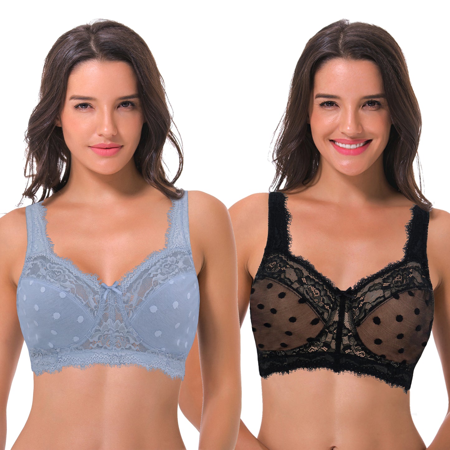 Women's Plus Size Minimizer Lace Full Coverage Unlined Wireless Bra-2Pack-Black,Lt Blue