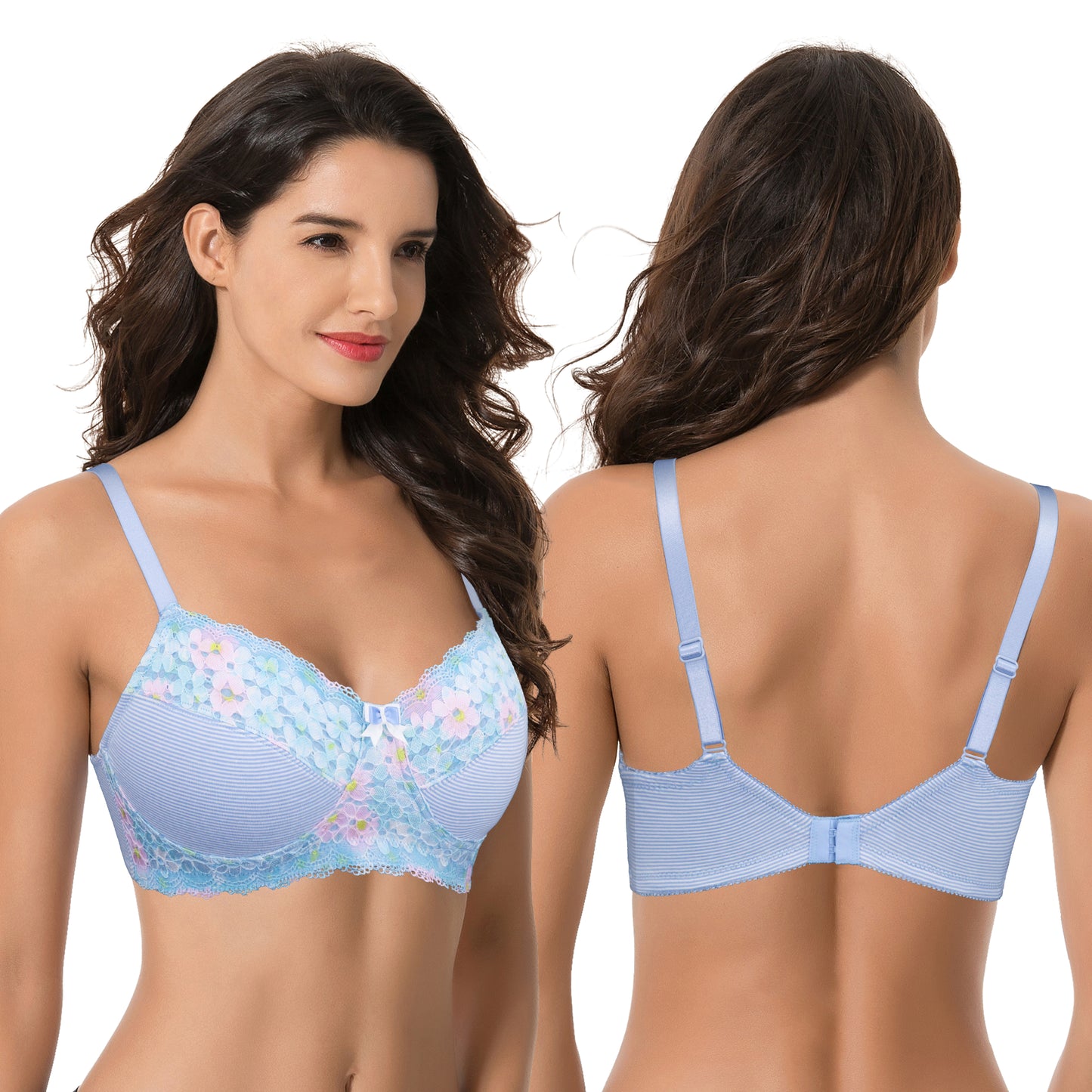 Women's Plus Size Minimizer Wirefree Unlined Bra With Lace Trim-2Pack