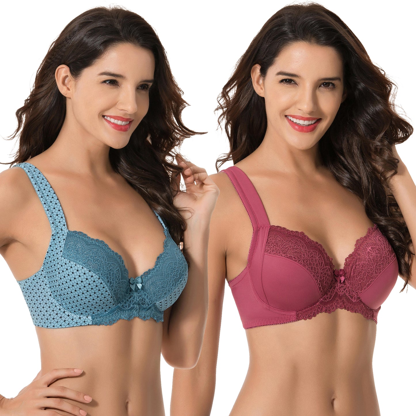 Women's Plus Size Unlined Underwire Lace Bra with Cushion Straps-Bluestone Print,Violet
