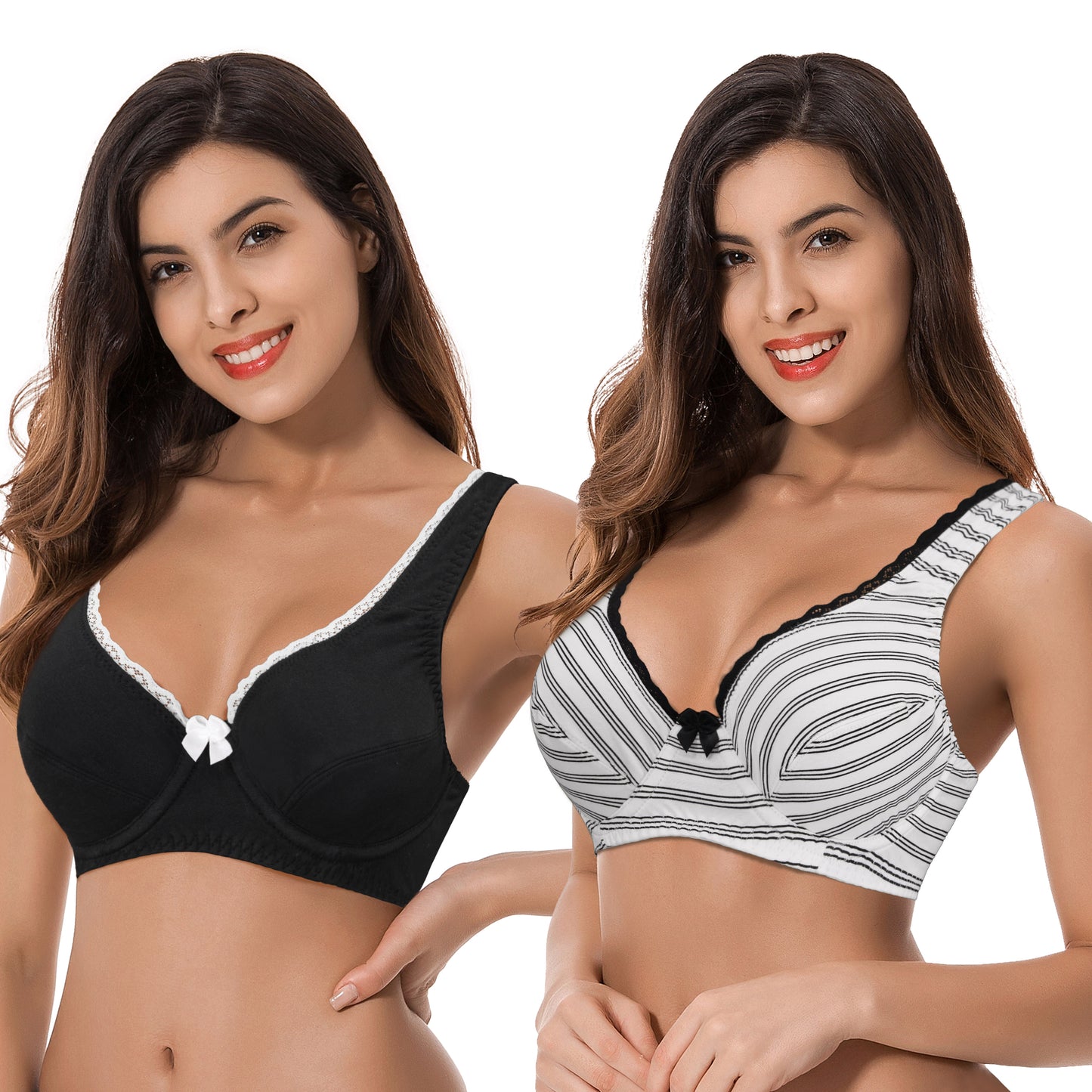 Women's Unlined Plus Size Comfort Cotton Underwire Bra-Black/Cream,Black