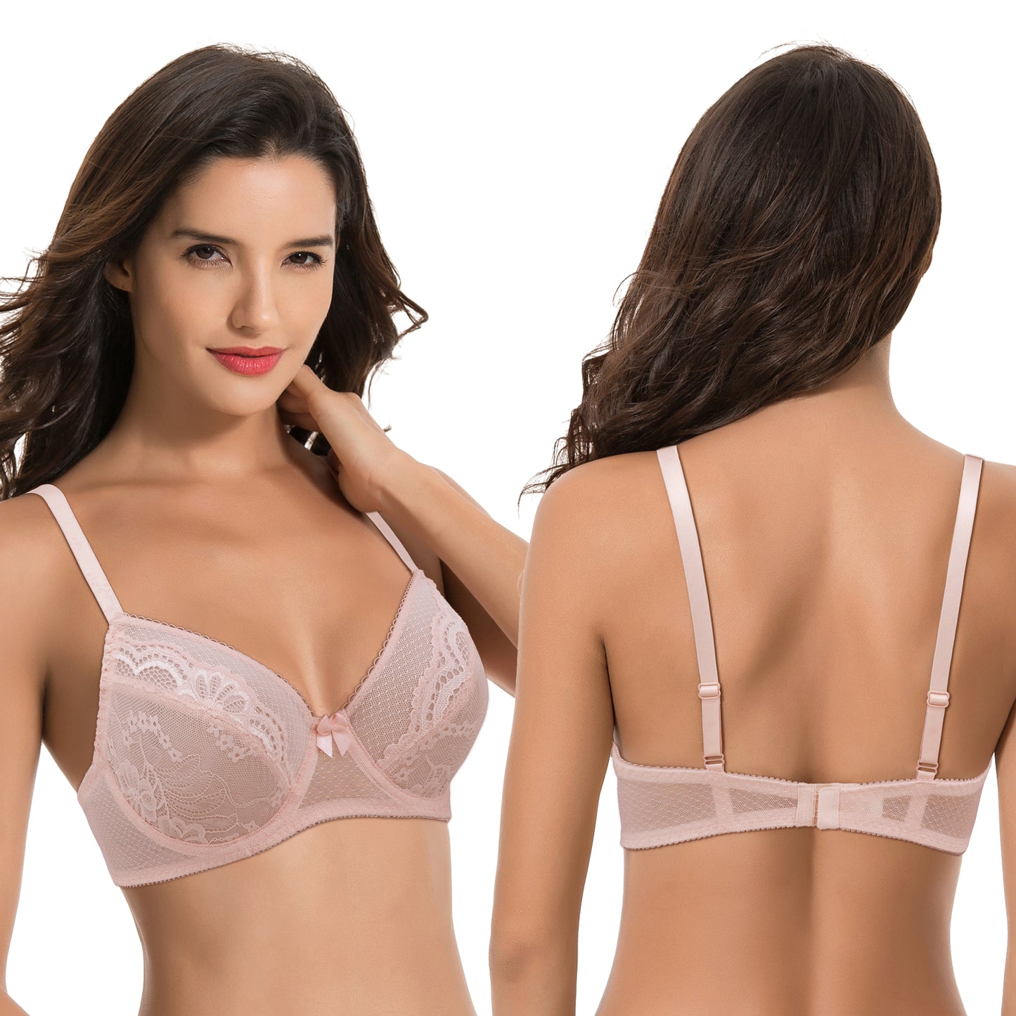 Women's Plus Size Unlined Balconette Underwire Sheer Lace Bra-2PK
