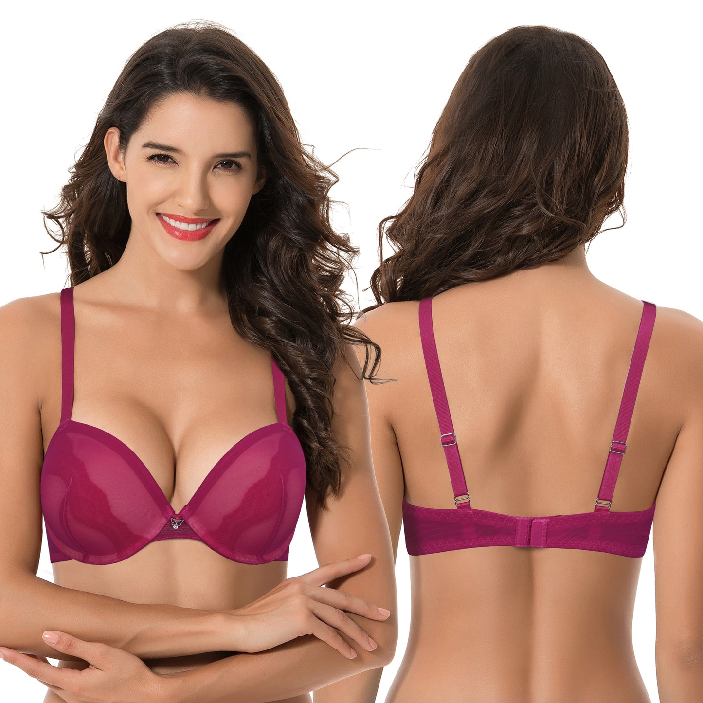 Women Plus Size Underwire Add 1 and a Half Cup Push Up Lace Mesh Bra-2PK-White,Fushia