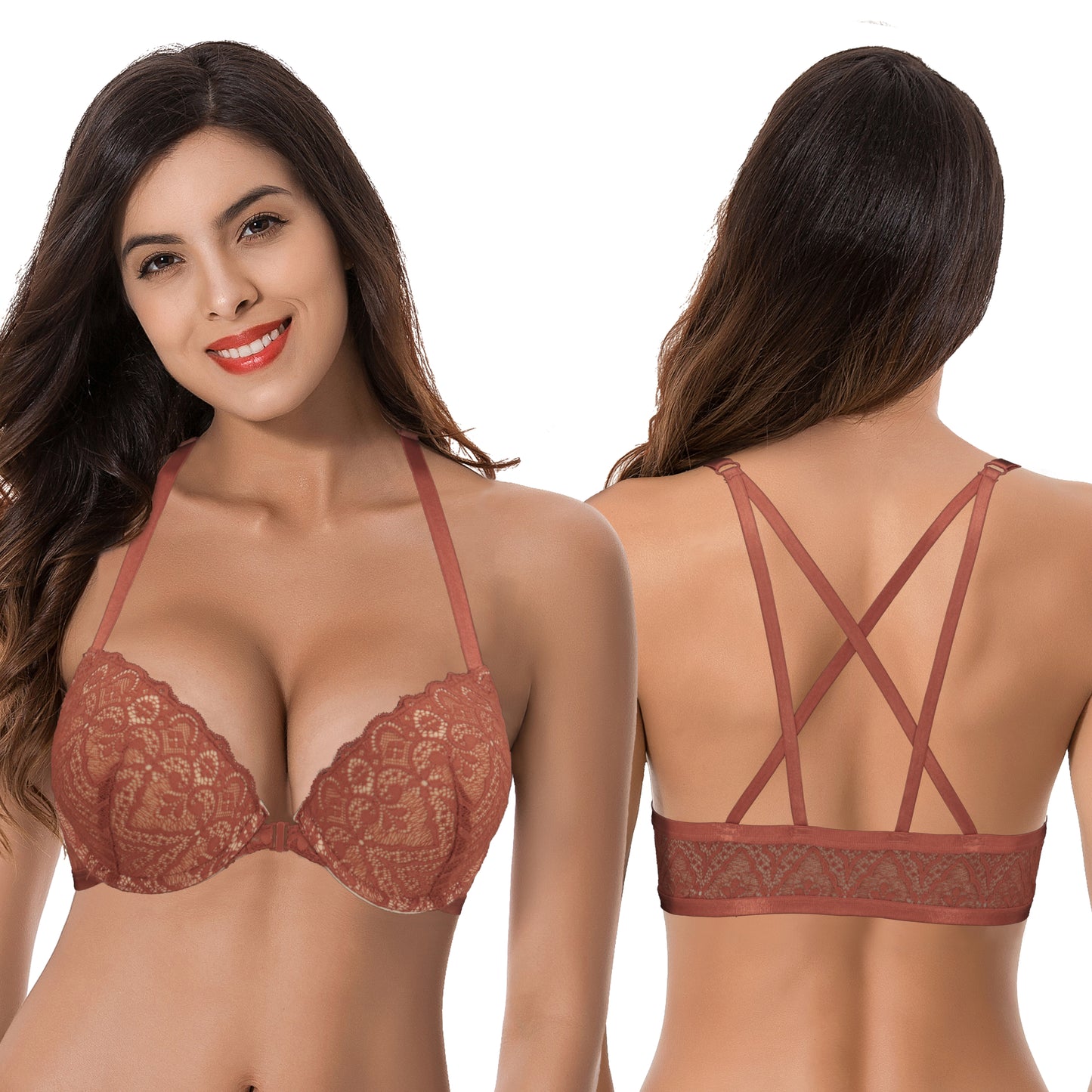 Women's Push Up Add 1 and a half Cup Underwire Halter Front Close Bras -2PK-LIGHT GREY,RUST