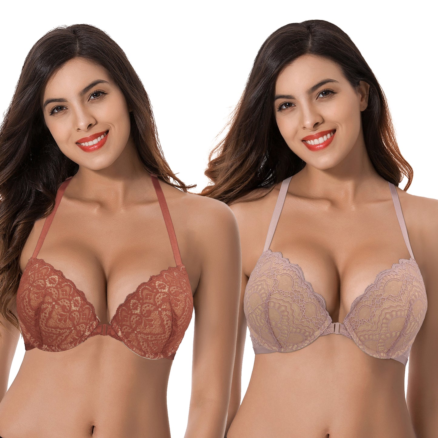 Women's Push Up Add 1 and a half Cup Underwire Halter Front Close Bras -2PK