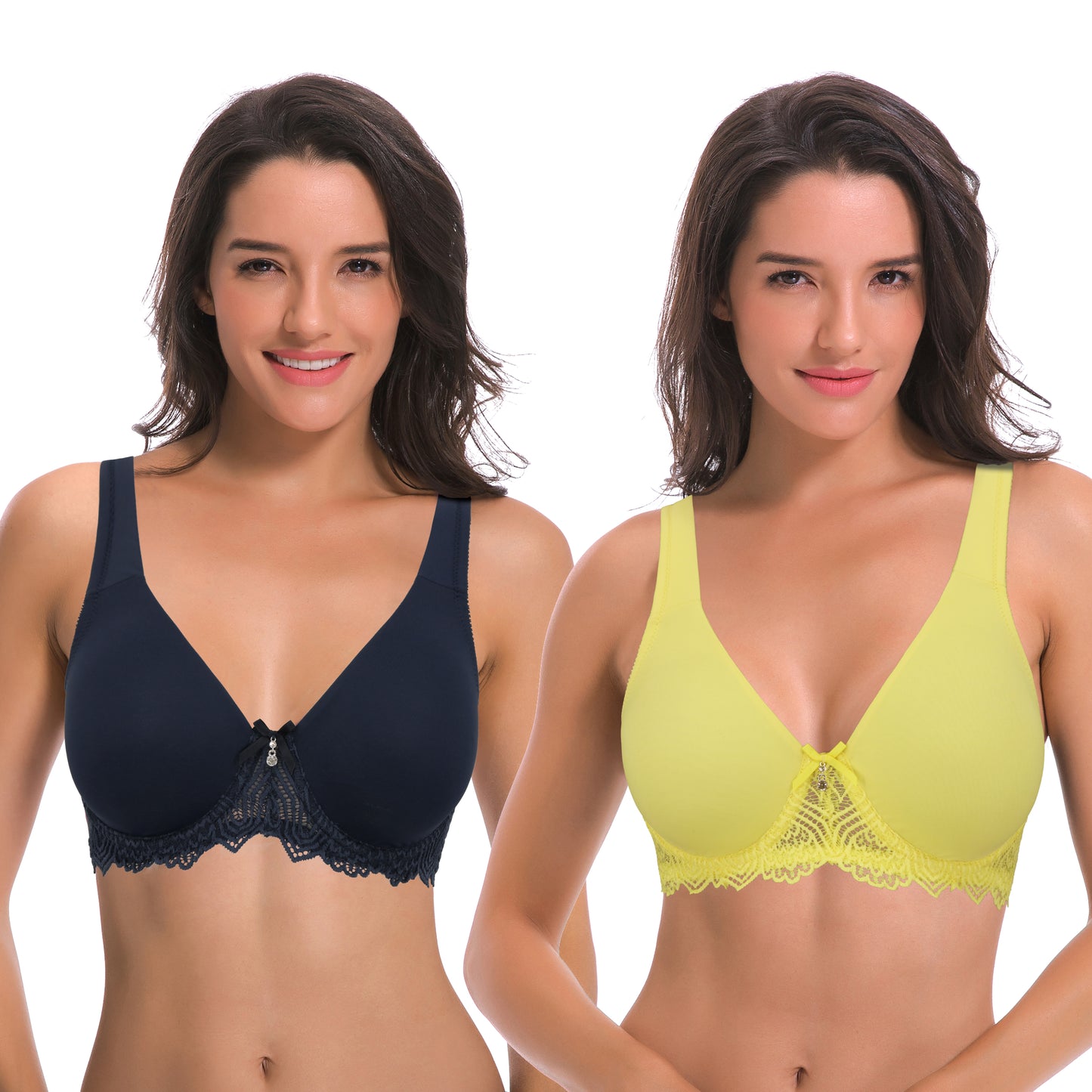 Women's Plus Size Unlined Underwire Lace Bra with Cushion Straps-2PK-NAVY, LIGHT YELLOW