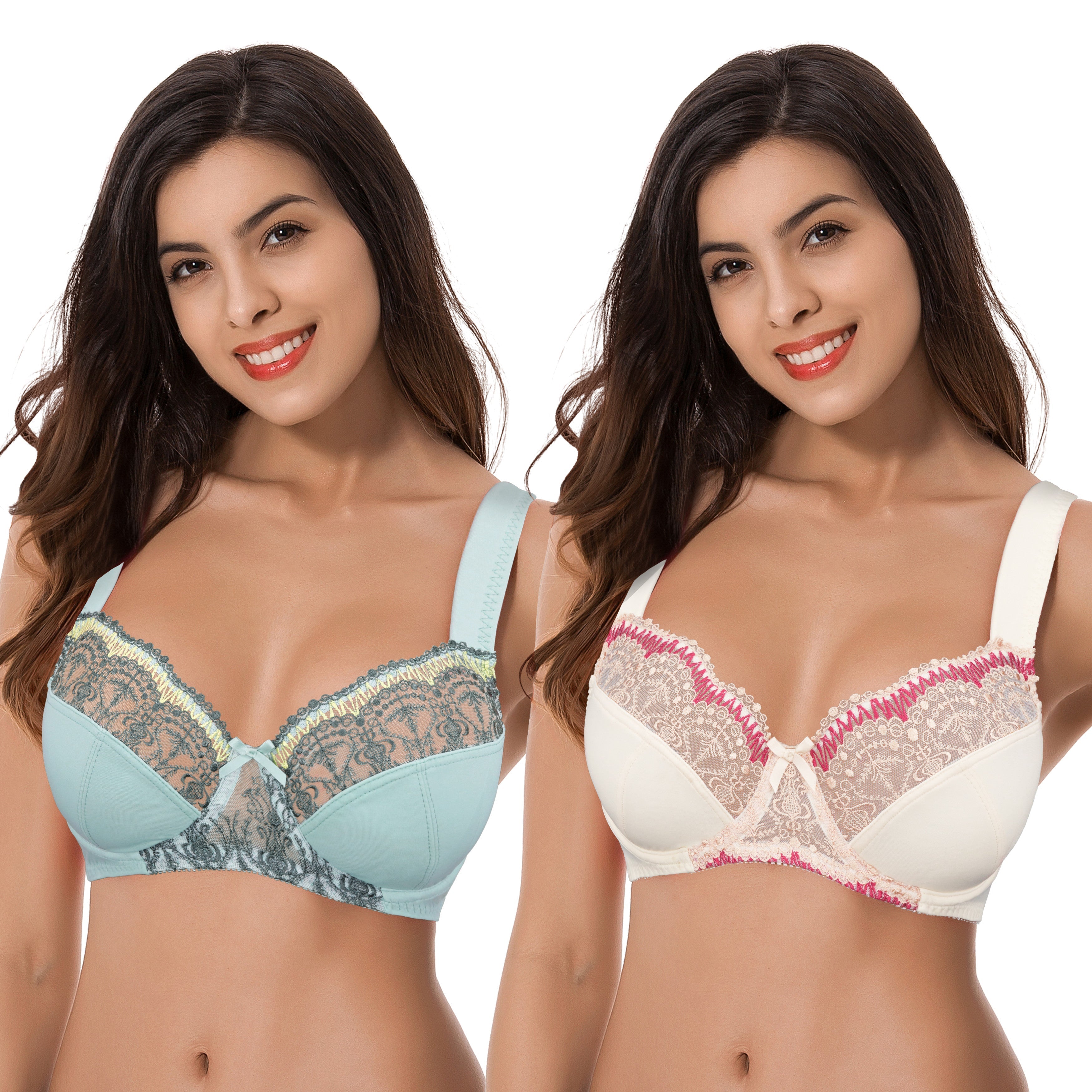Curve Muse Donna Taglie Forti Leggermente Imbottito Balconcino Pizzo Reggiseno con Ferretto-Confezione da 2-Mint,Pink-3B Curve Muse Donna Taglie Forti Leggermente Imbottito Balconcino Pizzo Reggiseno con Ferretto-Confezione da 2-Mint,Pink-3B