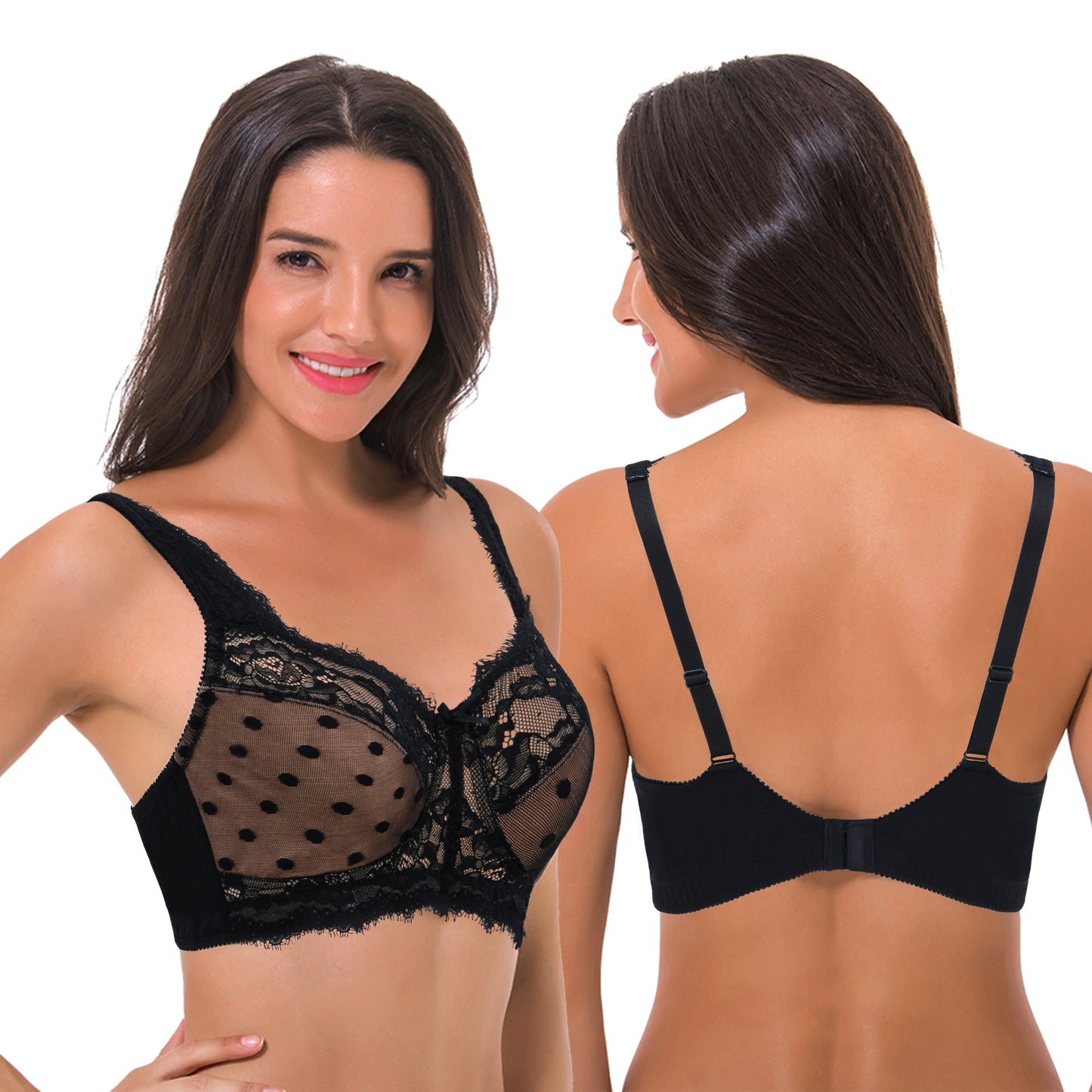 Women's Plus Size Minimizer Lace Full Coverage Unlined Wireless Bra-2Pack-Black,Lt Blue