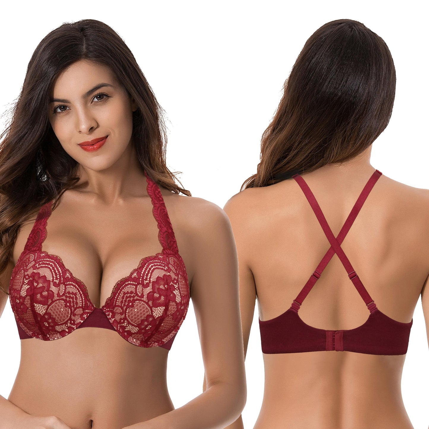 Women's Plus Size Add 1 and a half Cup Push Up Underwire Convertible Lace Bras -2PK-Black,Red