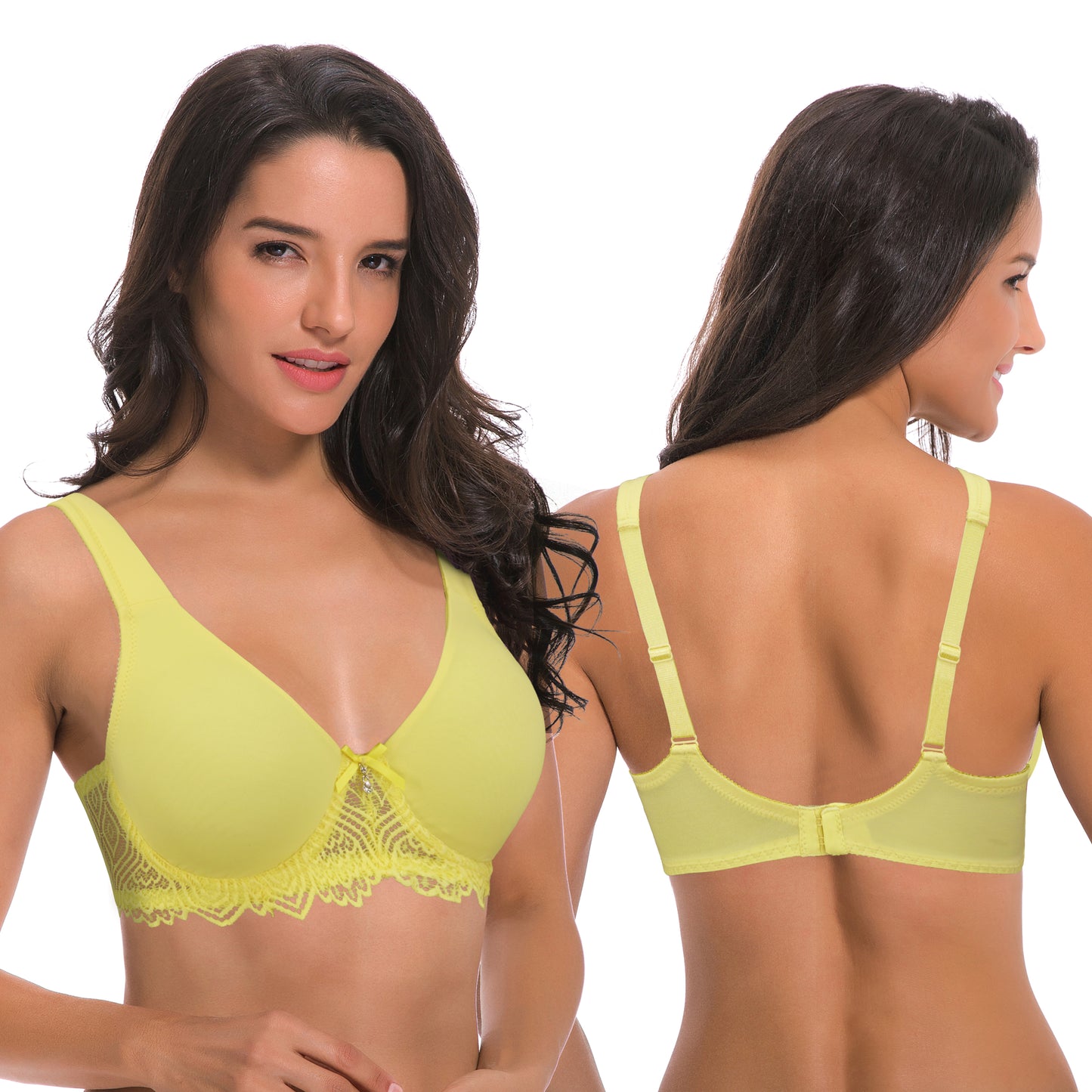 Women's Plus Size Unlined Underwire Lace Bra with Cushion Straps-2PK-NAVY, LIGHT YELLOW