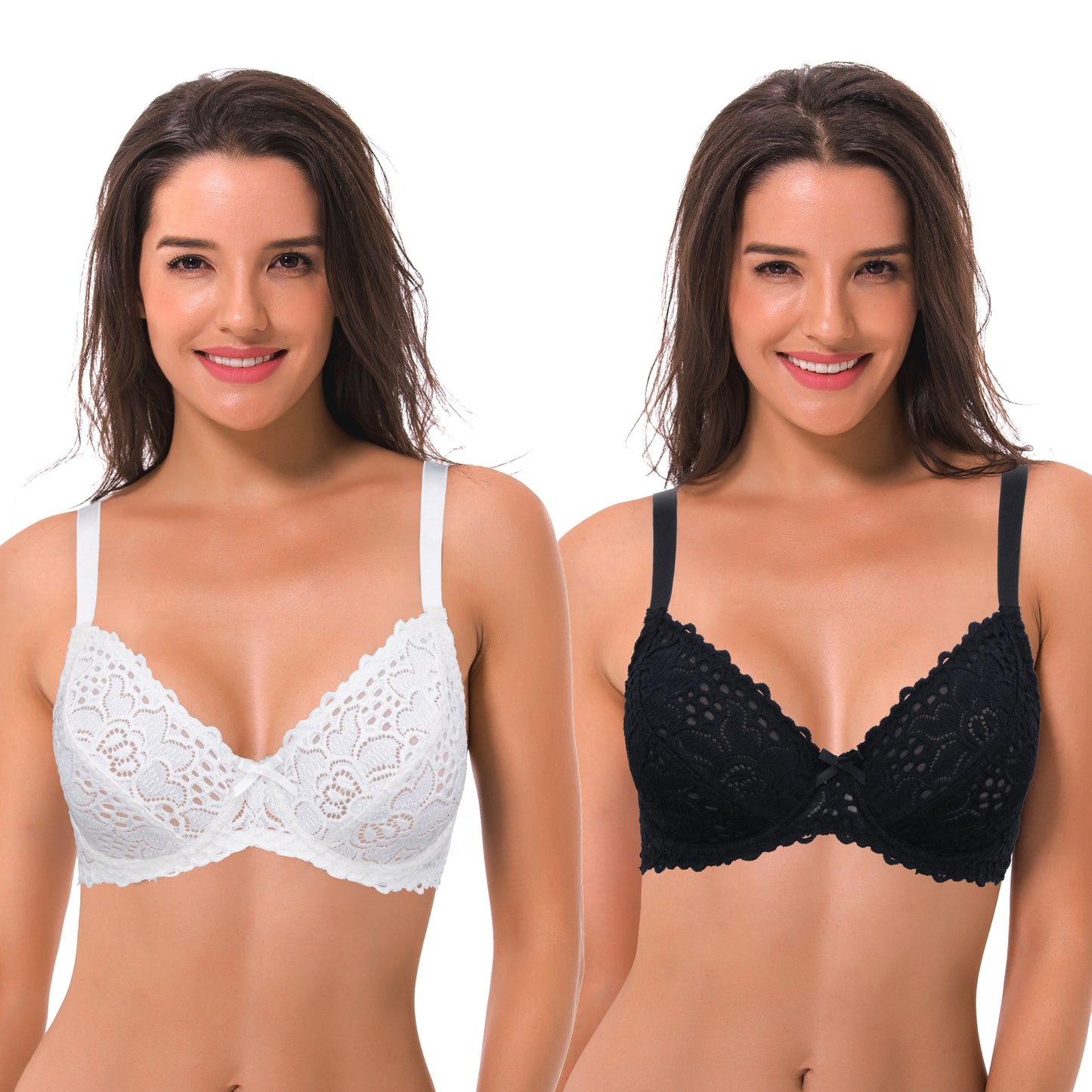 Semi-Sheer Balconette Underwire Lace Bra and Scalloped Hems (2 Pack)