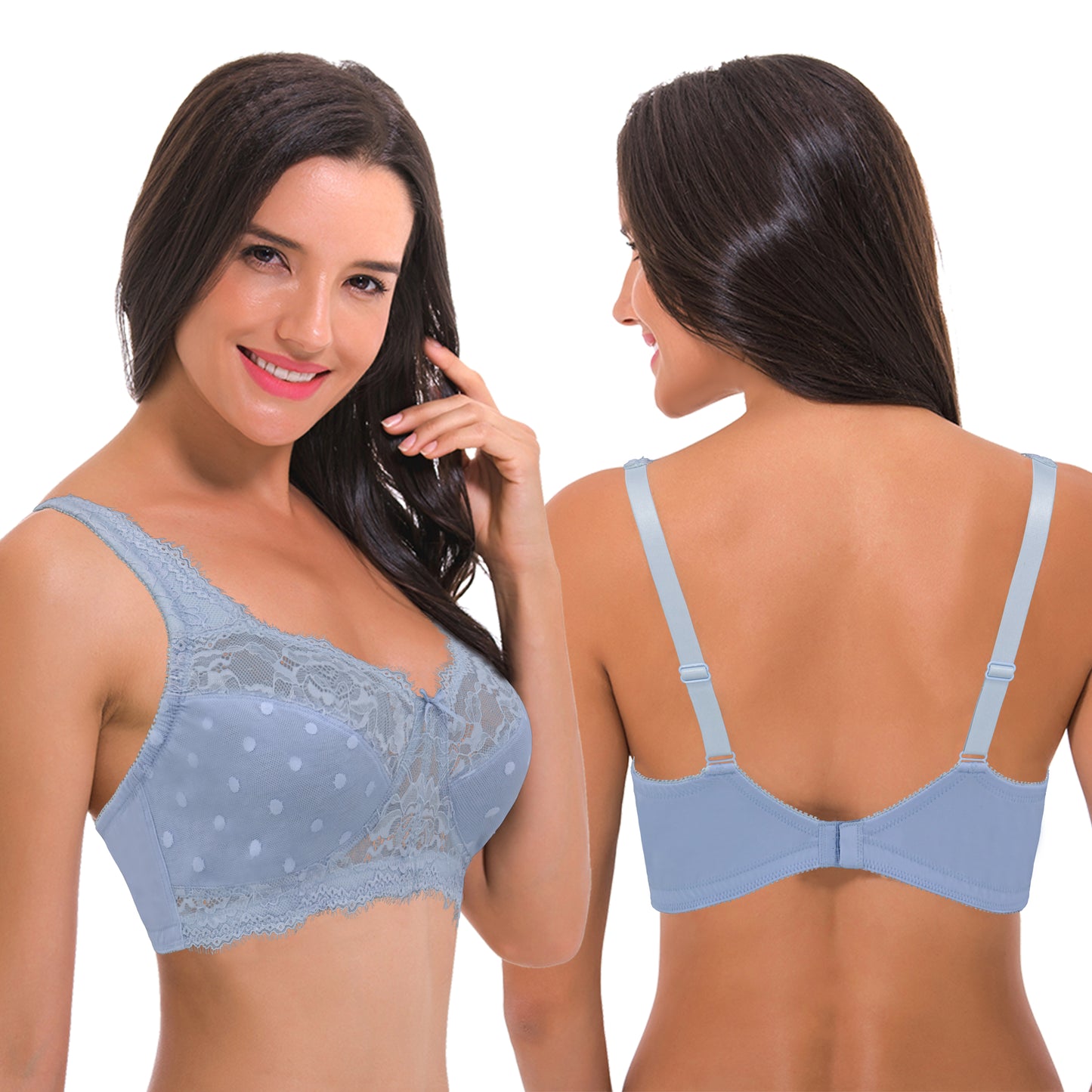 Women's Plus Size Minimizer Lace Full Coverage Unlined Wireless Bra-2Pack-Black,Lt Blue