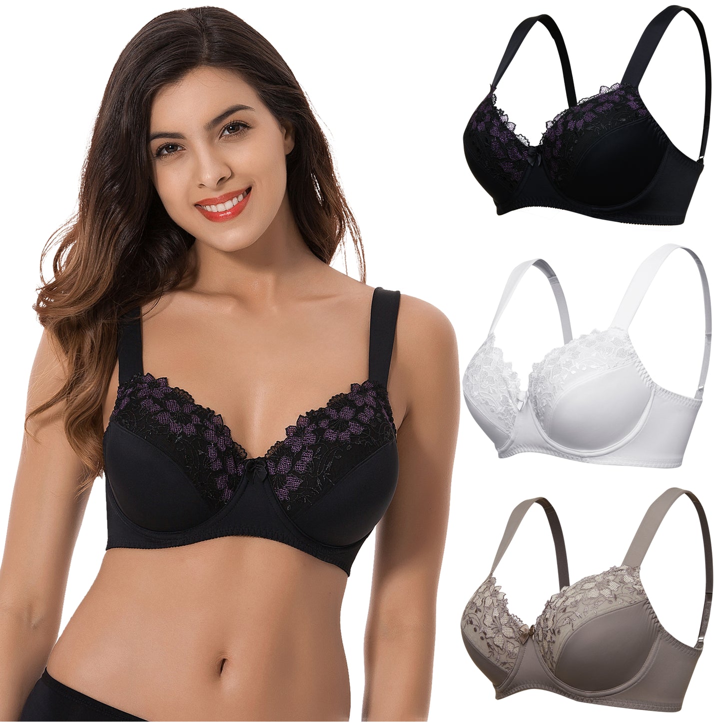 Plus Size Minimizer Underwire Bra with Embroidery Lace-3Pack