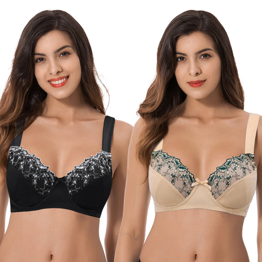 Women's Plus Size Minimizer Underwire Bra With Lace Embroidery