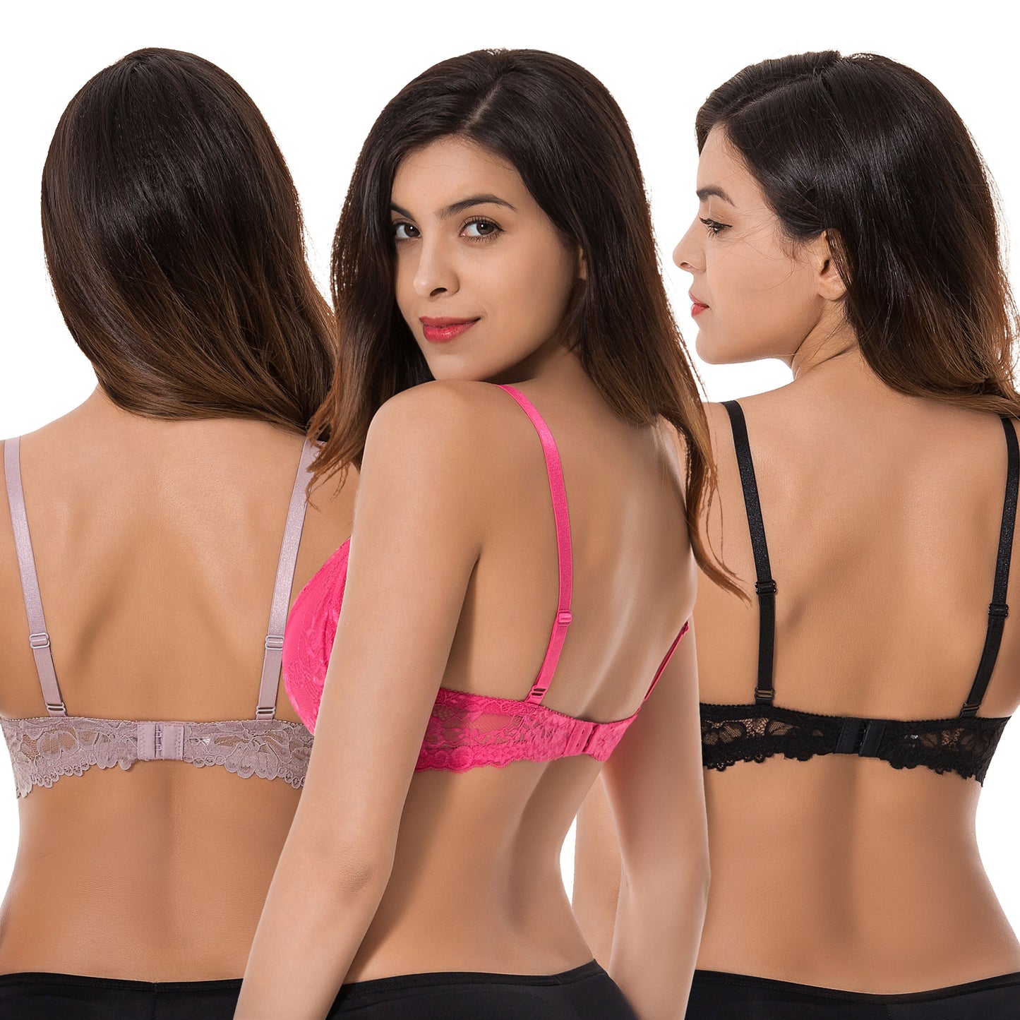 Semi-Sheer Balconette Underwire Lace Bra and Scalloped Hems (3 Pack)