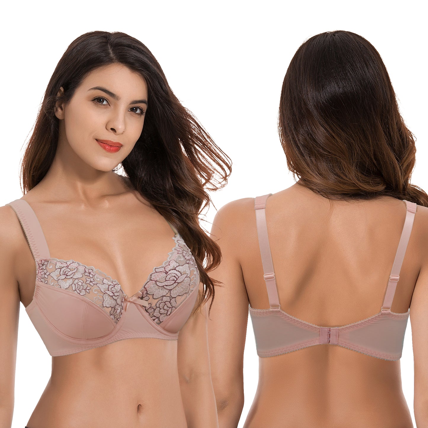 Womens Plus Size Minimizer Underwire Bra With Lace Embroidery-2 Pack-Pink,Dark Grey