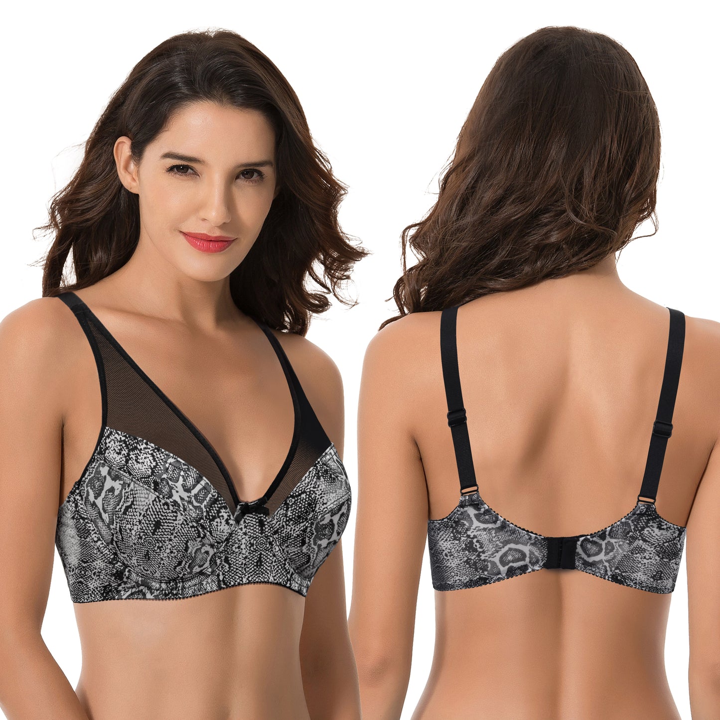 Women's Plus Size Minimizer Unlined Underwire Full Coverage Bra-2 Pack-Cream Printed,Black