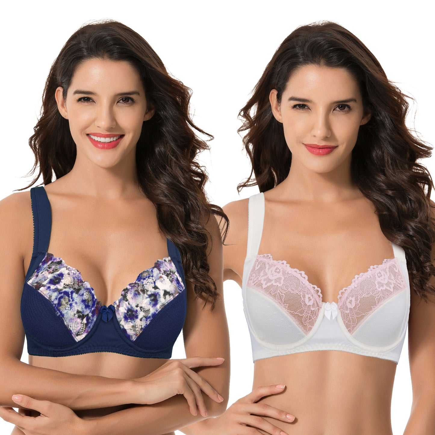 Women's Plus Size Unlined Underwire Lace Bra with Cushion Straps- NAVY, CREAM