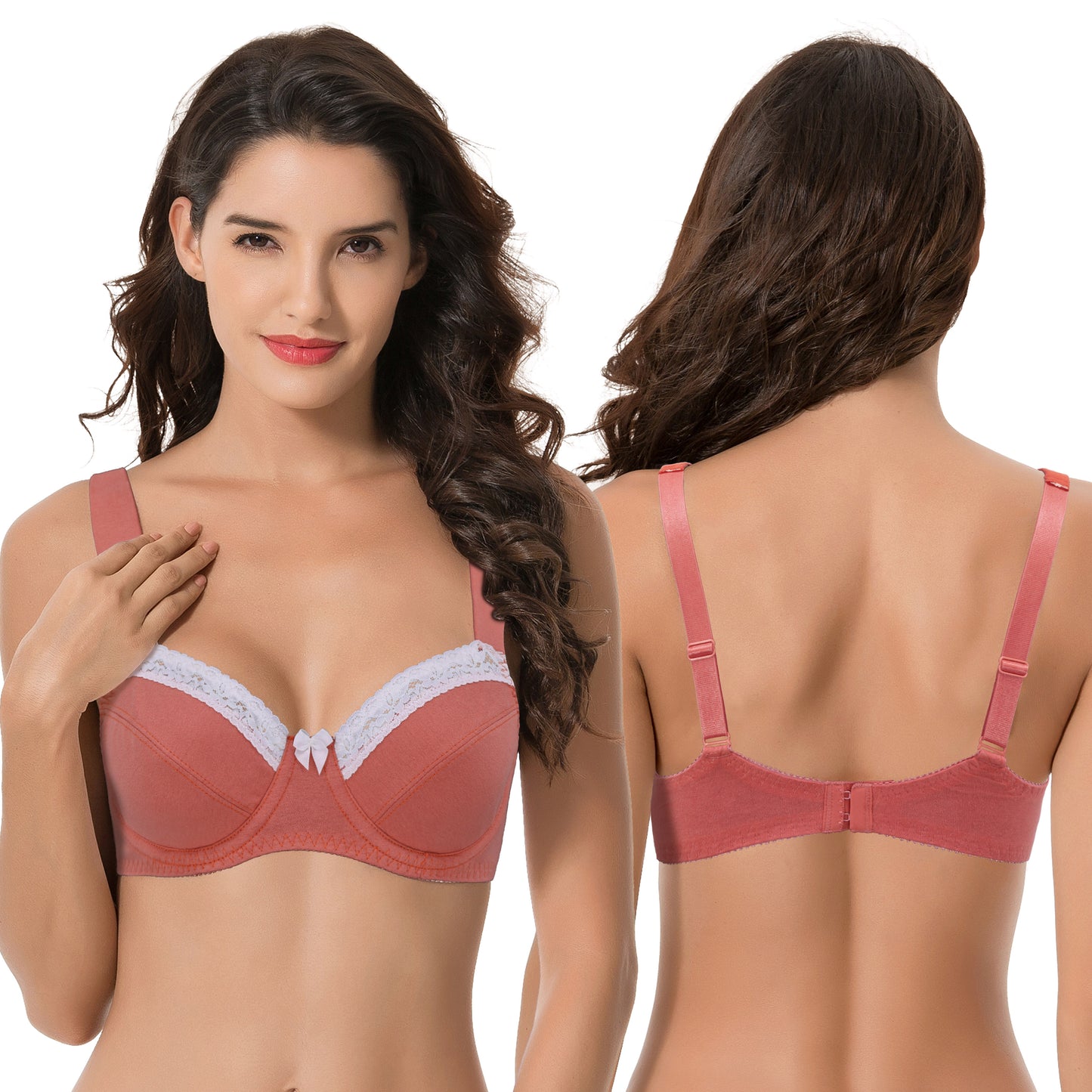 Women's Plus Size Underwired Unlined Balconette Cotton Bra-3Pack-White Print,Teal,Coral
