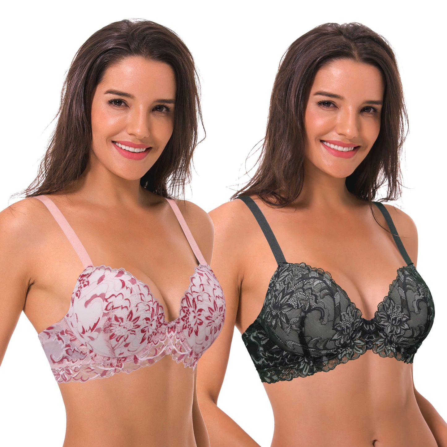 Women's Underwire Plus Size Push Up Add 1 and a Half Cup Lace Bras-2PK-White/Red,Black/Grey