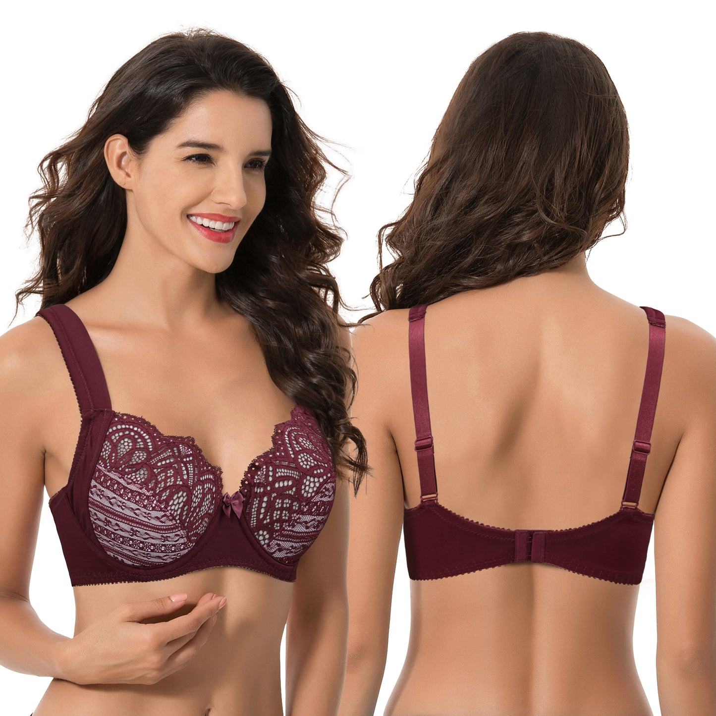 Women's Plus Size Unlined Underwire Lace Bra with Cushion Straps-Burgundy,Grey