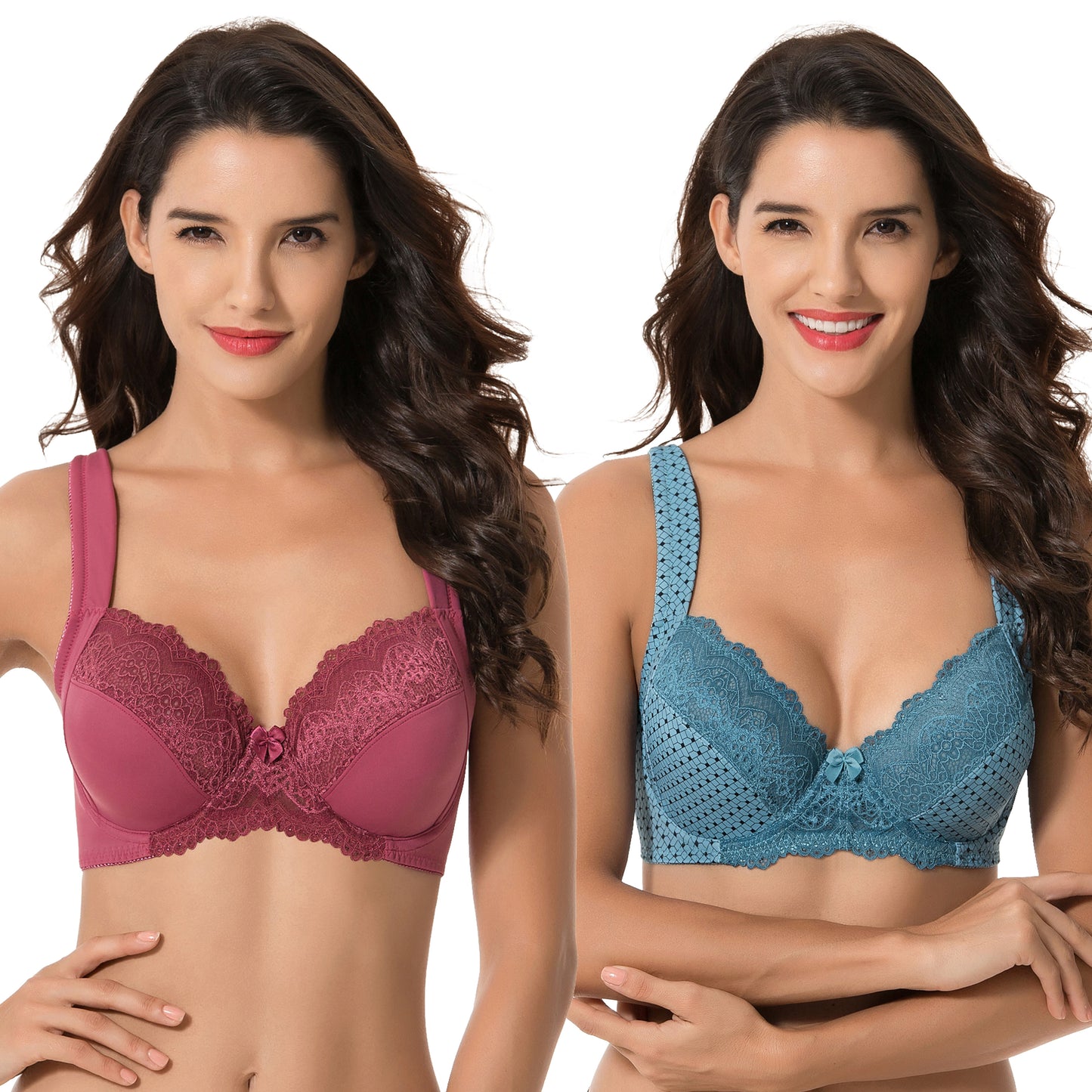 Women's Plus Size Unlined Underwire Lace Bra with Cushion Straps-Bluestone Print,Violet