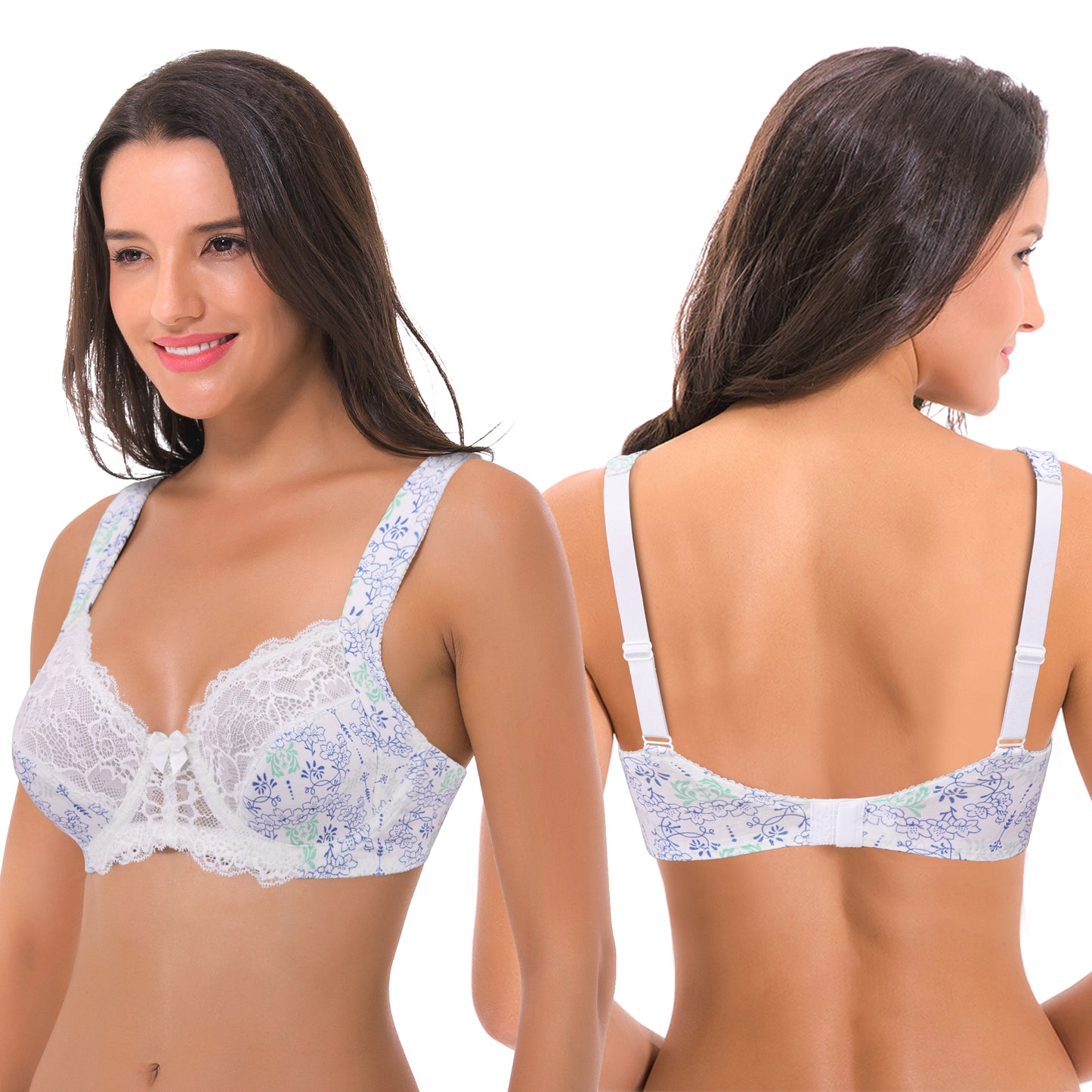 Women's Plus Size Unlined Underwire Lace Bra with Cushion Straps-2PK-White/Navy/Lt Blue,Blue