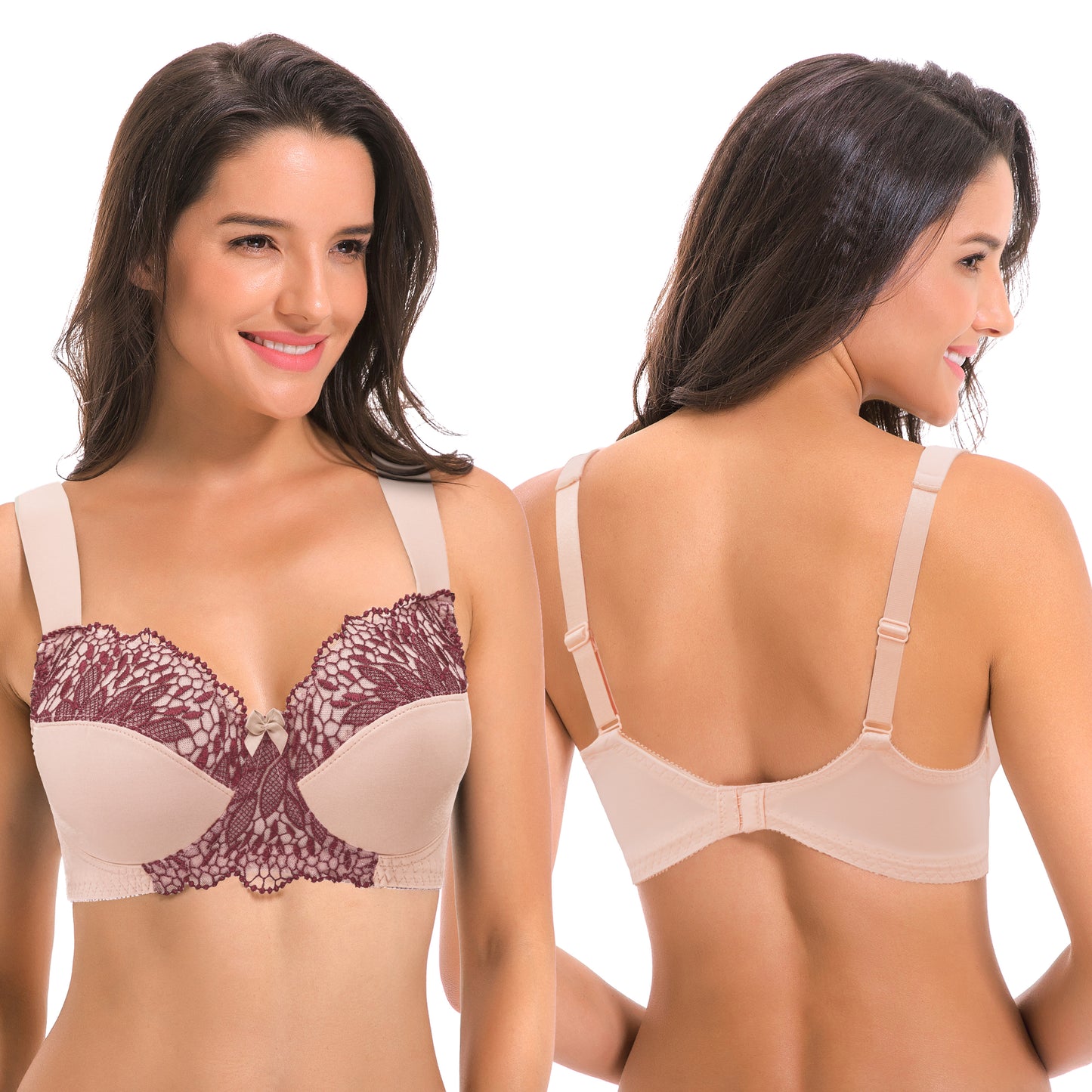 Plus Size Unlined Minimizer Wirefree Bras with Embroidery Lace-3Pack-Grey,Pink,Black