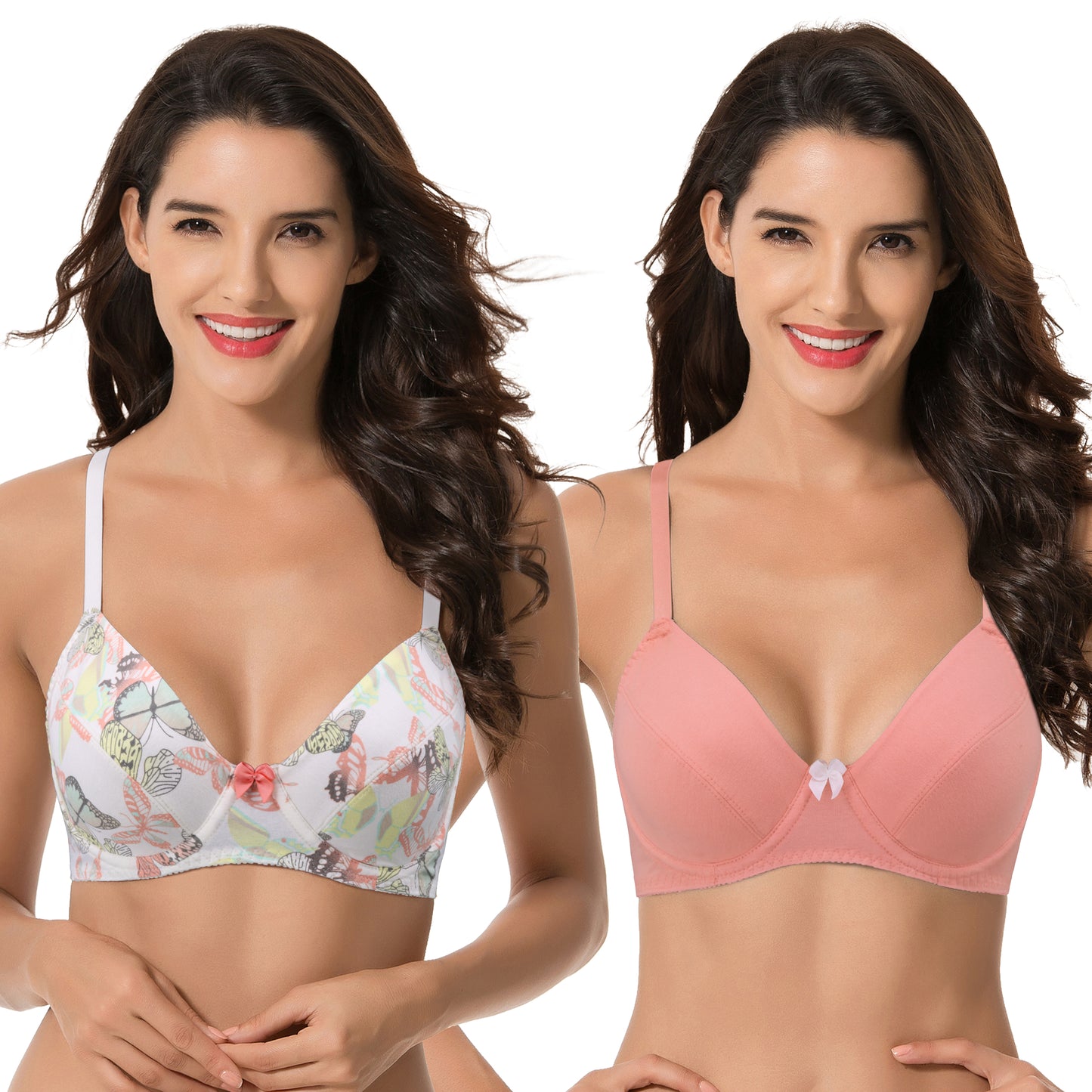Women's Plus Size Cotton Unlined Balconette Underwire Bras-2 Pack-Cream/Coral/Yellow,Coral