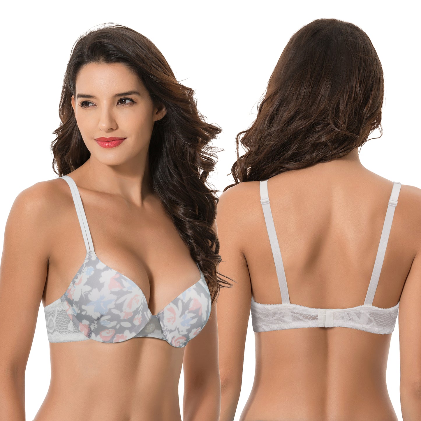 Women's Plus Size Perfect Shape Add 1 Cup Push Up Underwire Bras-2PK-Dapple Grey Print,Cream