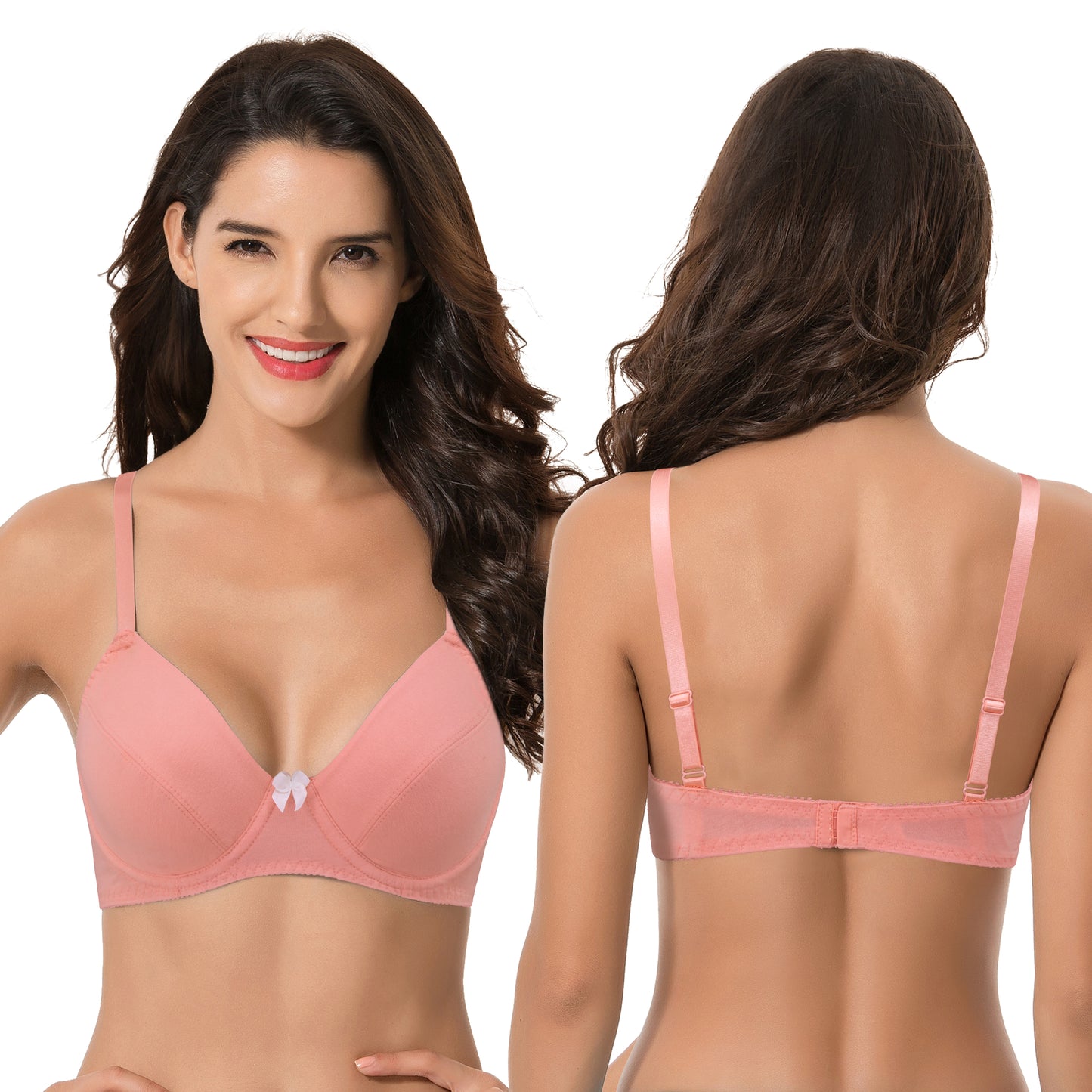Women's Plus Size Cotton Unlined Balconette Underwire Bras-2 Pack-Cream/Coral/Yellow,Coral